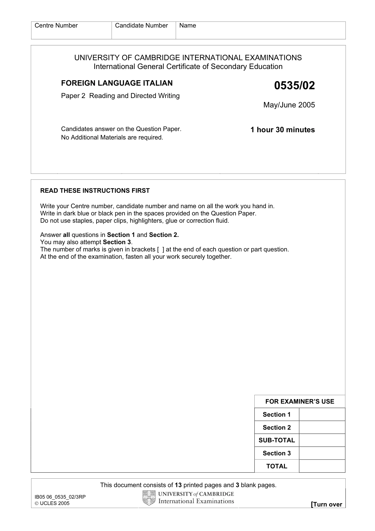 Cambridge IGCSE Italian - Foreign Language 0535 2005 May/June Paper 2 · Variant 1 question paper, page 1 of 16