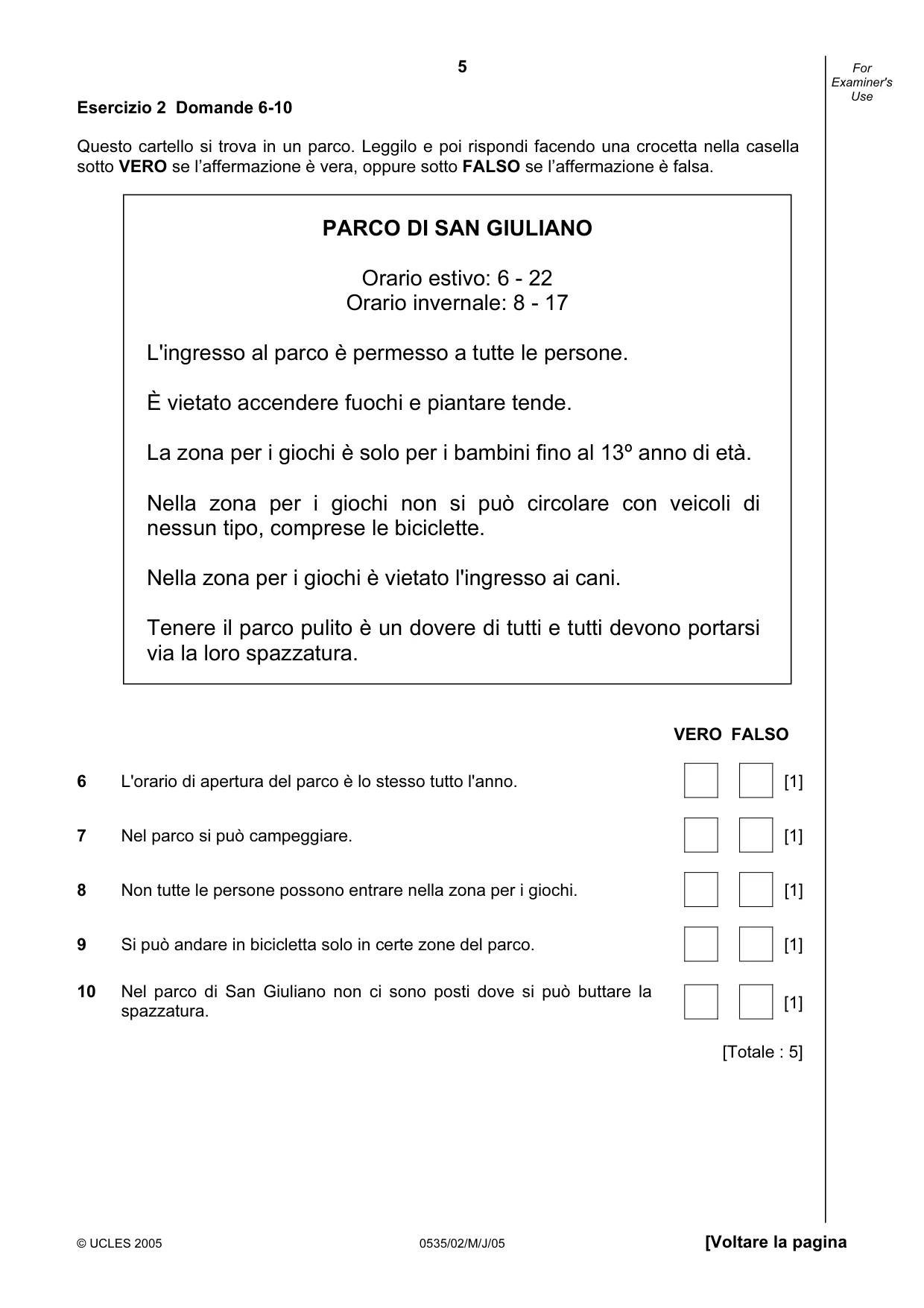 Cambridge IGCSE Italian - Foreign Language 0535 2005 May/June Paper 2 · Variant 1 question paper, page 5 of 16
