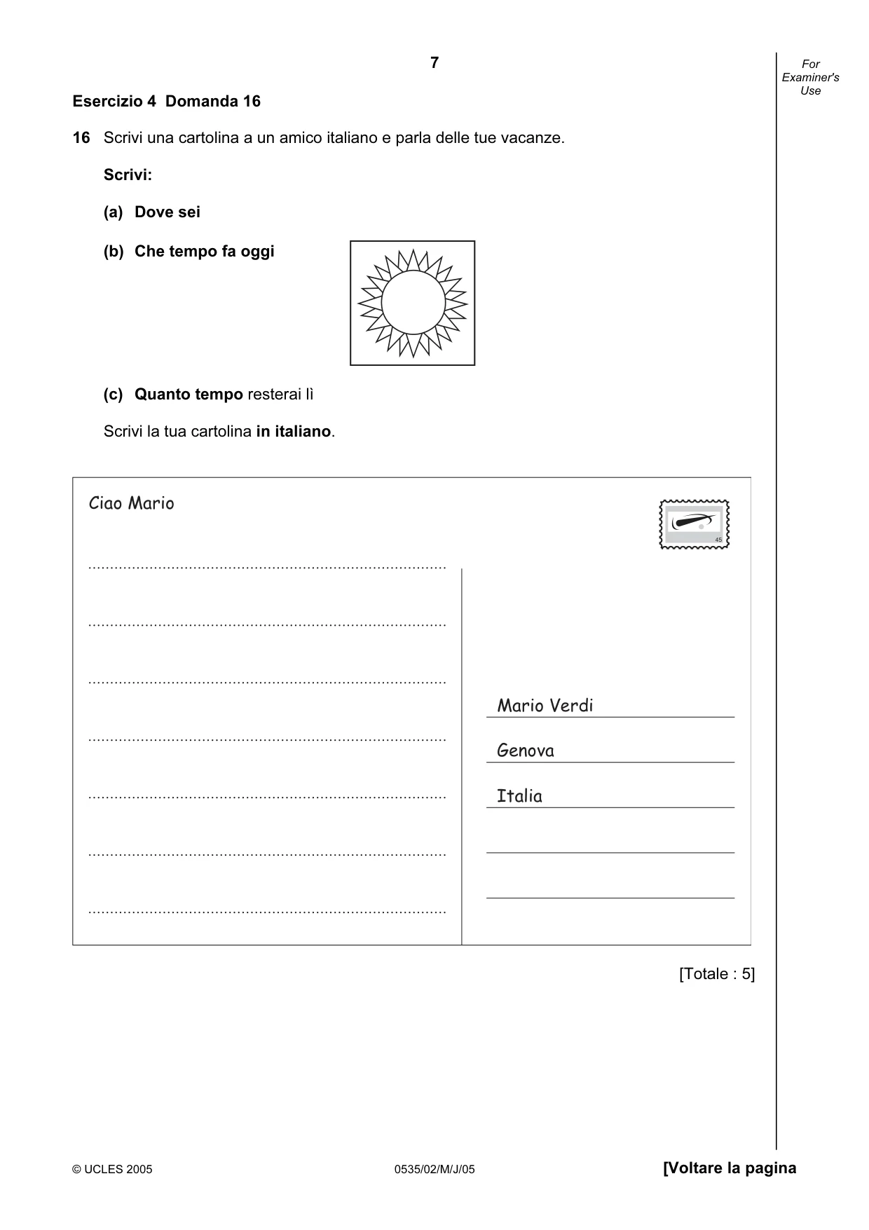 Cambridge IGCSE Italian - Foreign Language 0535 2005 May/June Paper 2 · Variant 1 question paper, page 7 of 16