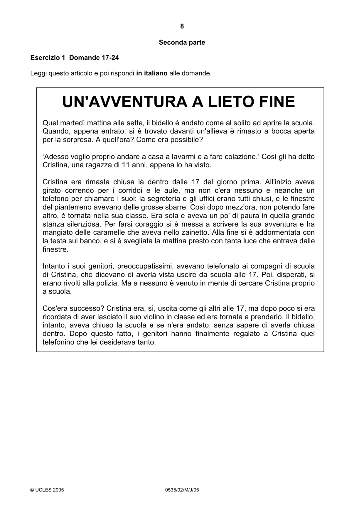 Cambridge IGCSE Italian - Foreign Language 0535 2005 May/June Paper 2 · Variant 1 question paper, page 8 of 16