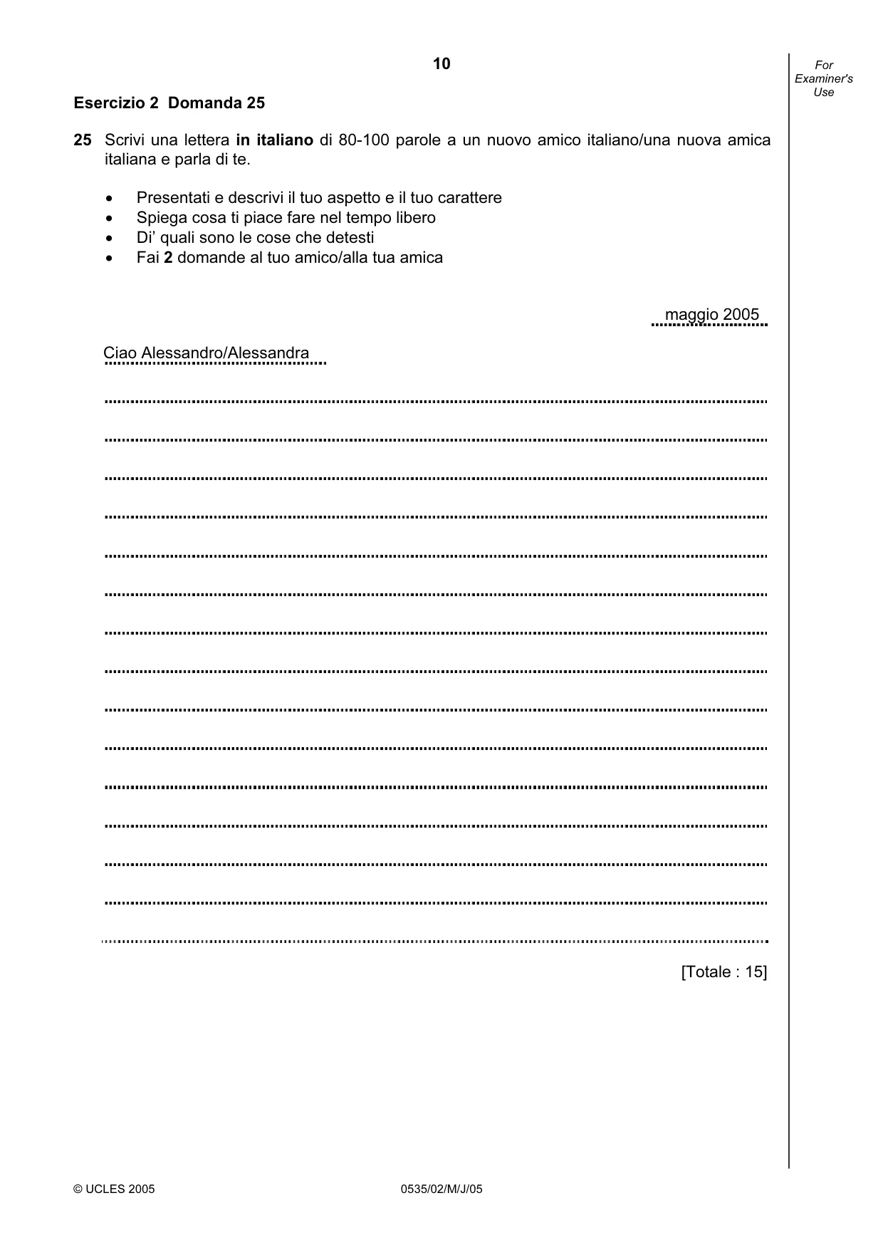 Cambridge IGCSE Italian - Foreign Language 0535 2005 May/June Paper 2 · Variant 1 question paper, page 10 of 16