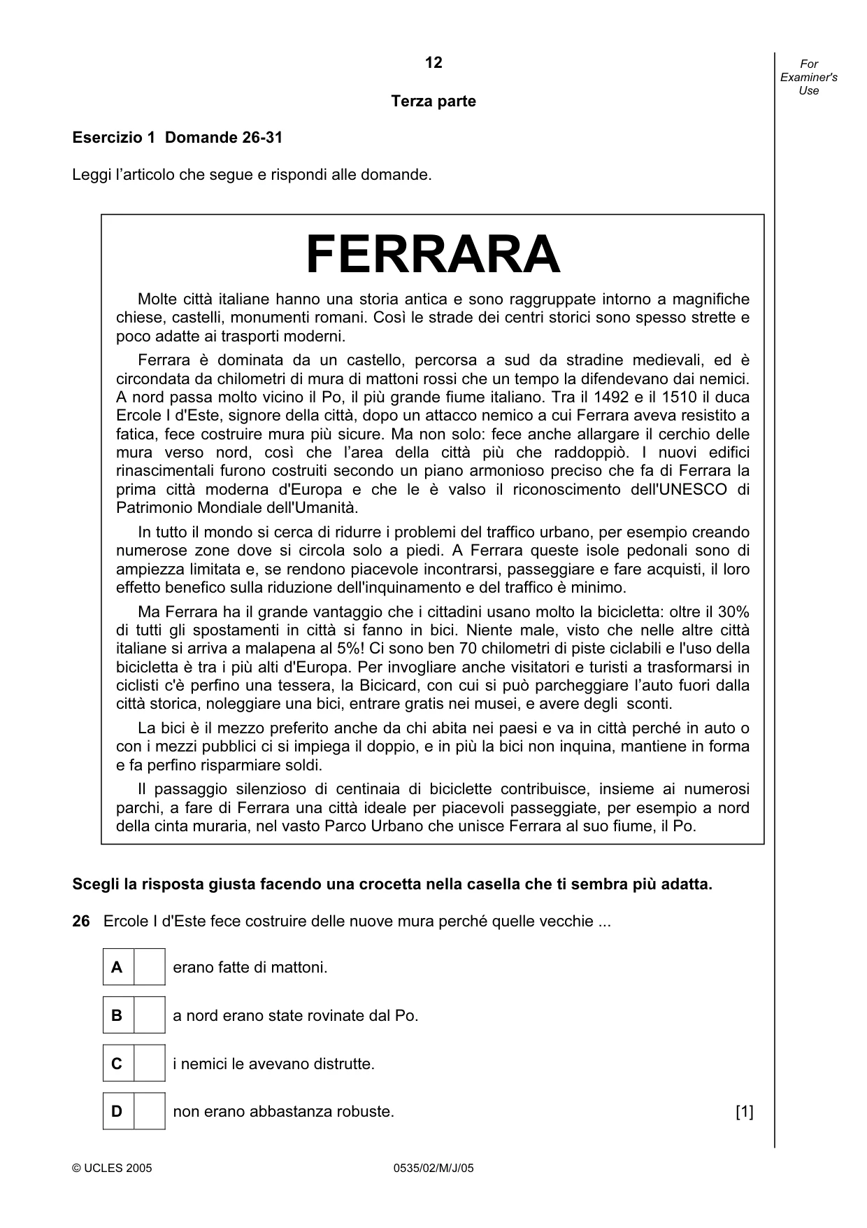 Cambridge IGCSE Italian - Foreign Language 0535 2005 May/June Paper 2 · Variant 1 question paper, page 12 of 16