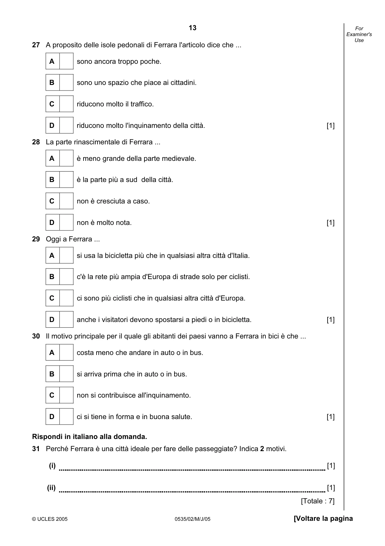Cambridge IGCSE Italian - Foreign Language 0535 2005 May/June Paper 2 · Variant 1 question paper, page 13 of 16