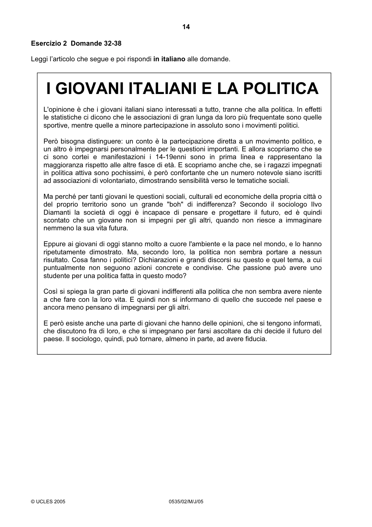 Cambridge IGCSE Italian - Foreign Language 0535 2005 May/June Paper 2 · Variant 1 question paper, page 14 of 16