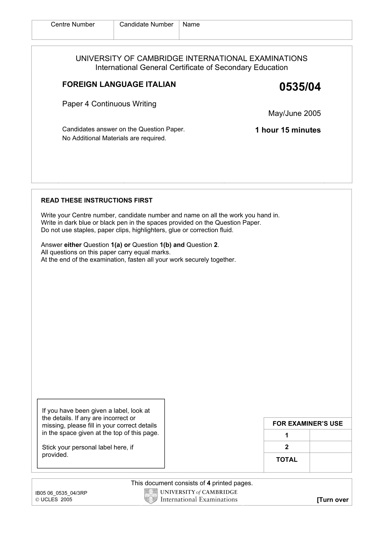 Cambridge IGCSE Italian - Foreign Language 0535 2005 May/June Paper 4 · Variant 1 question paper, page 1 of 4