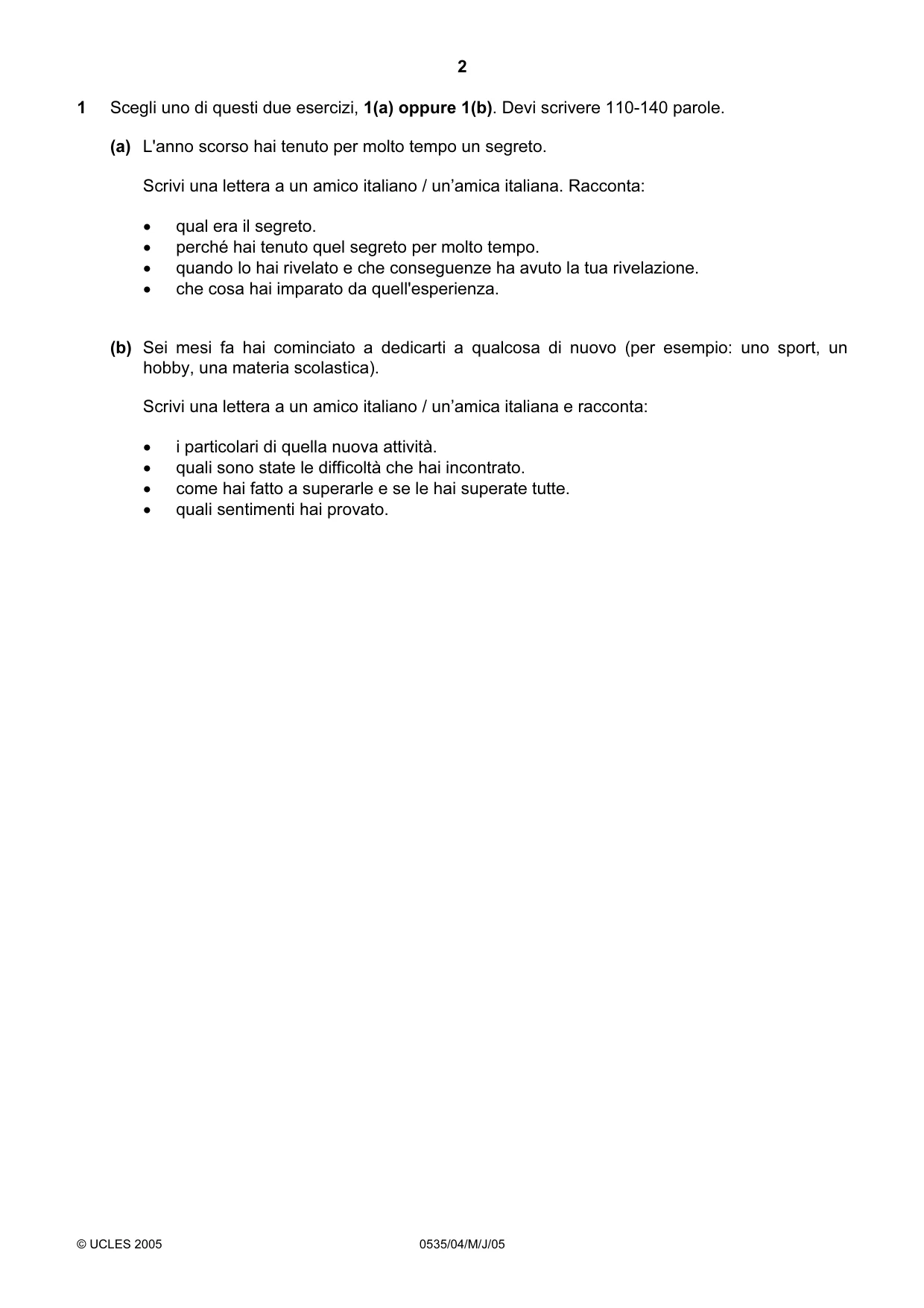 Cambridge IGCSE Italian - Foreign Language 0535 2005 May/June Paper 4 · Variant 1 question paper, page 2 of 4