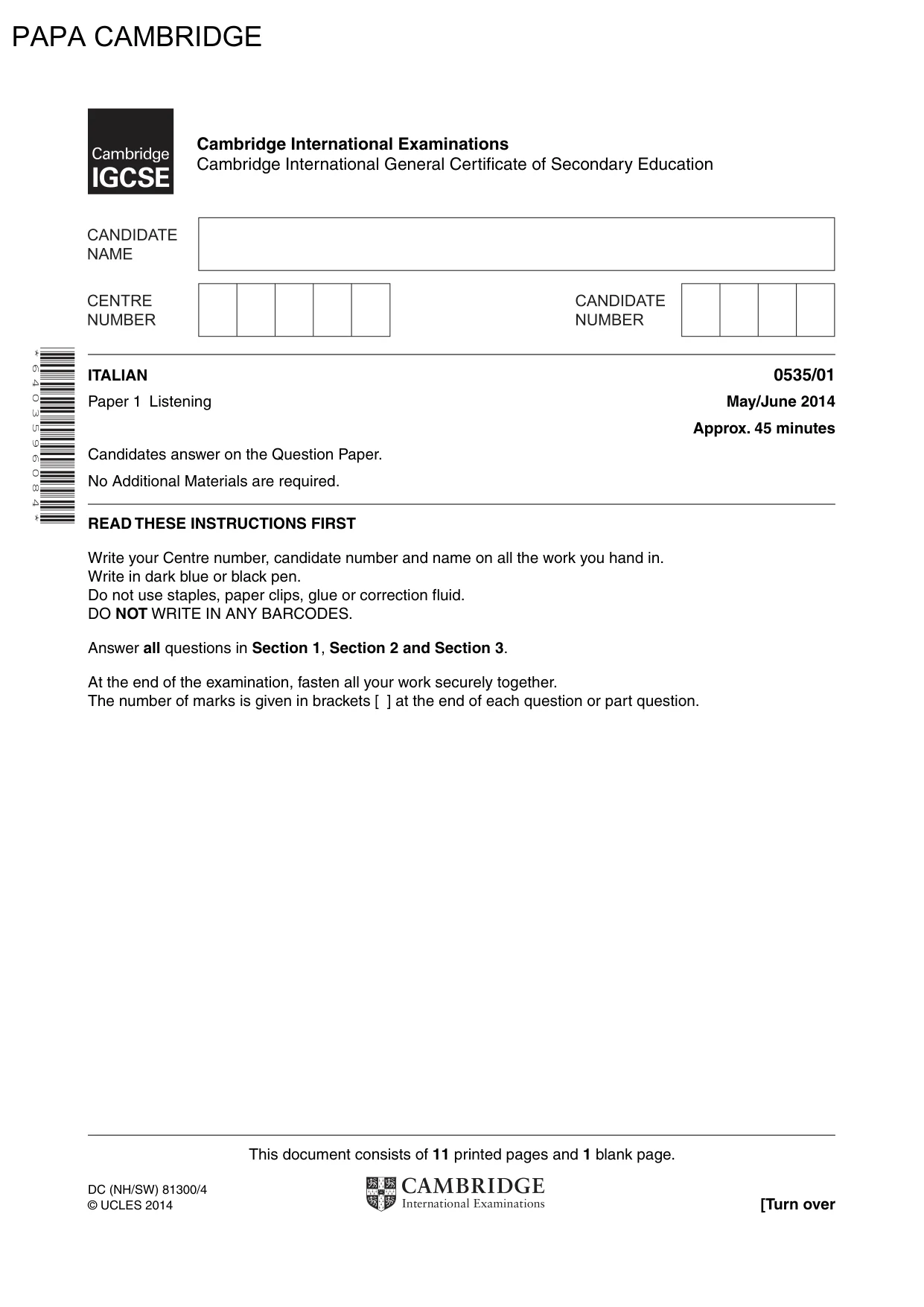 Cambridge IGCSE Italian - Foreign Language 0535 2014 May/June Paper 1 · Variant 1 question paper, page 1 of 12