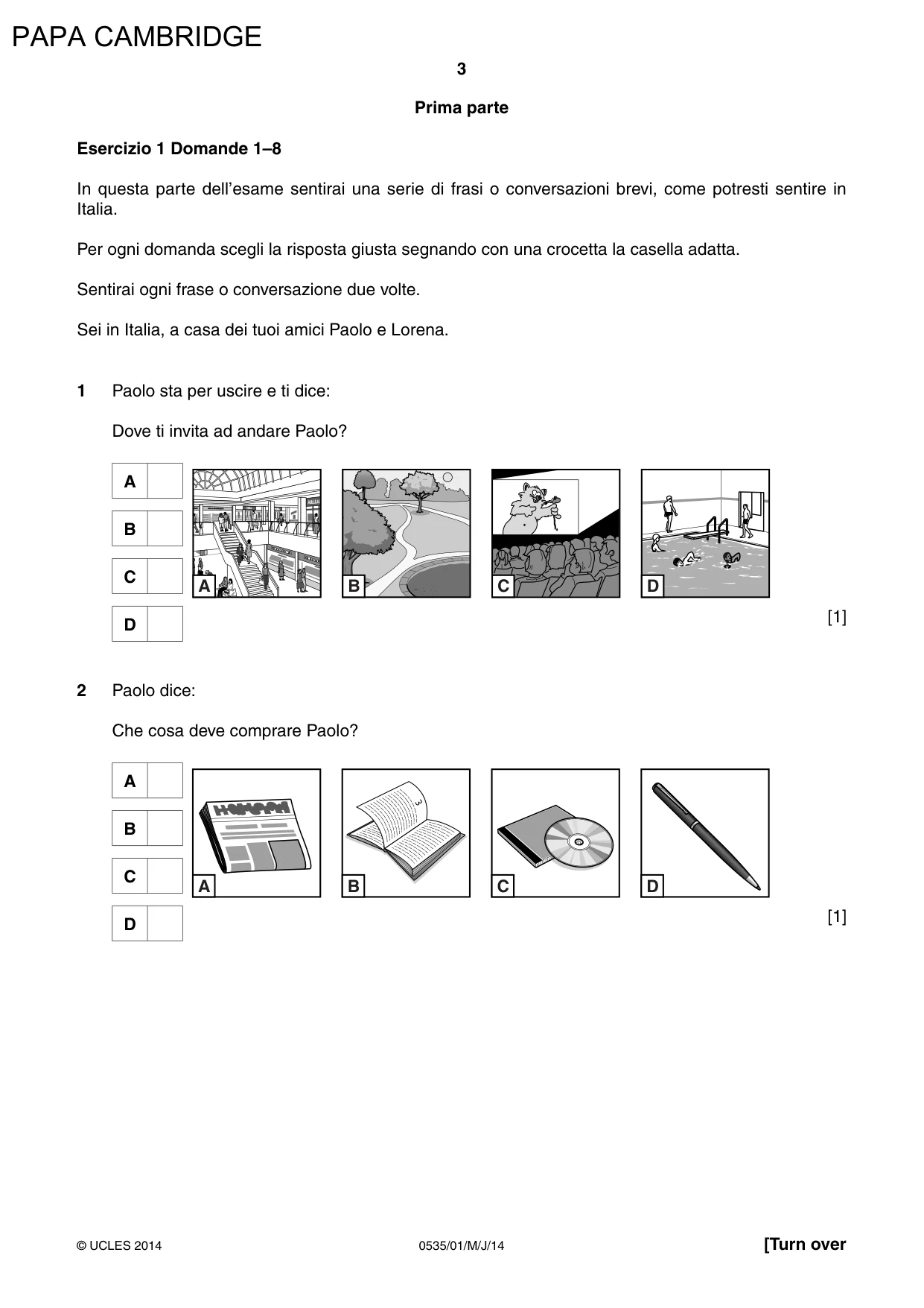 Cambridge IGCSE Italian - Foreign Language 0535 2014 May/June Paper 1 · Variant 1 question paper, page 3 of 12