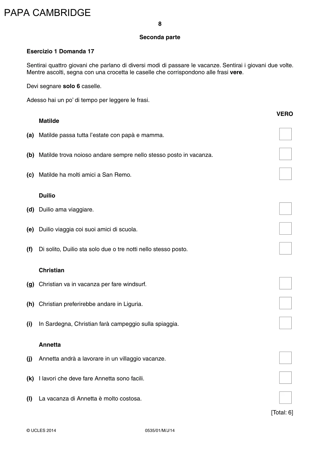 Cambridge IGCSE Italian - Foreign Language 0535 2014 May/June Paper 1 · Variant 1 question paper, page 8 of 12