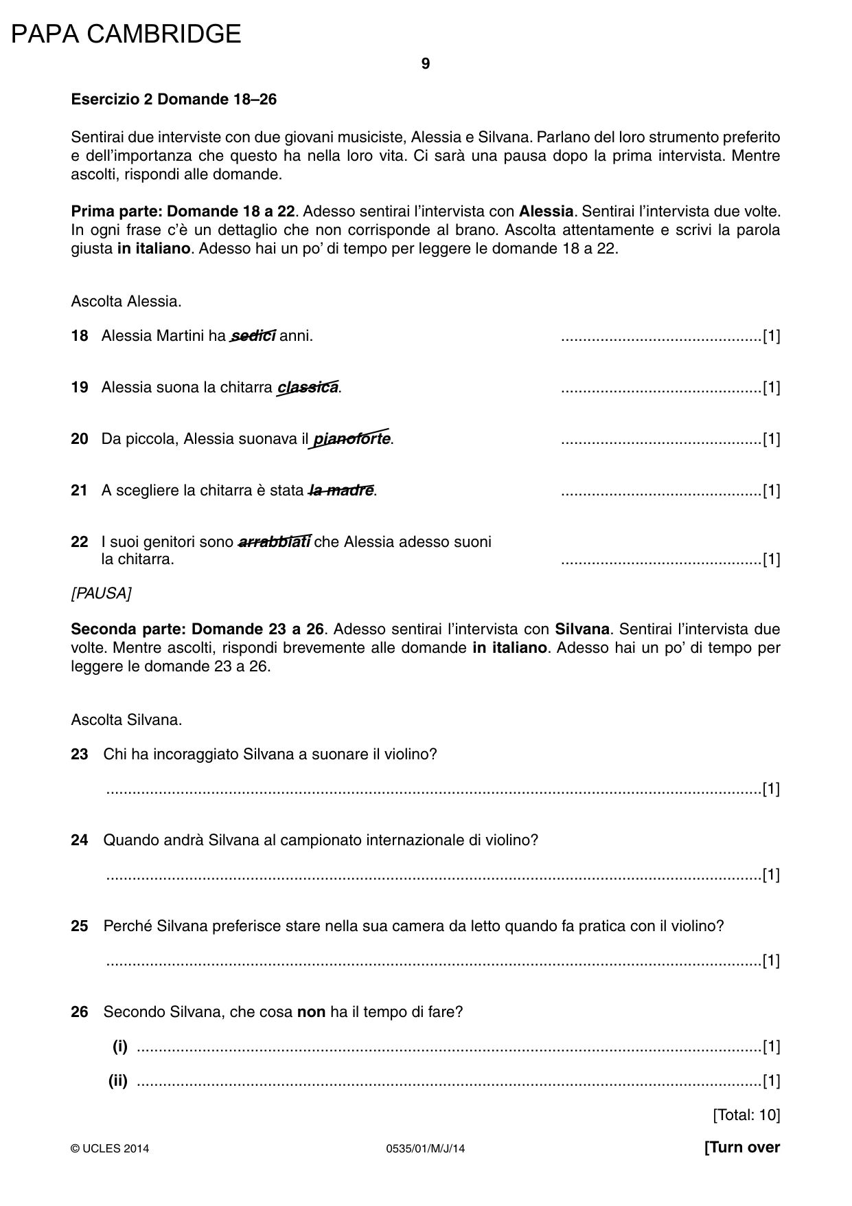 Cambridge IGCSE Italian - Foreign Language 0535 2014 May/June Paper 1 · Variant 1 question paper, page 9 of 12