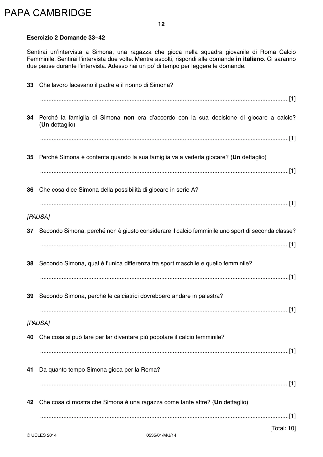 Cambridge IGCSE Italian - Foreign Language 0535 2014 May/June Paper 1 · Variant 1 question paper, page 12 of 12
