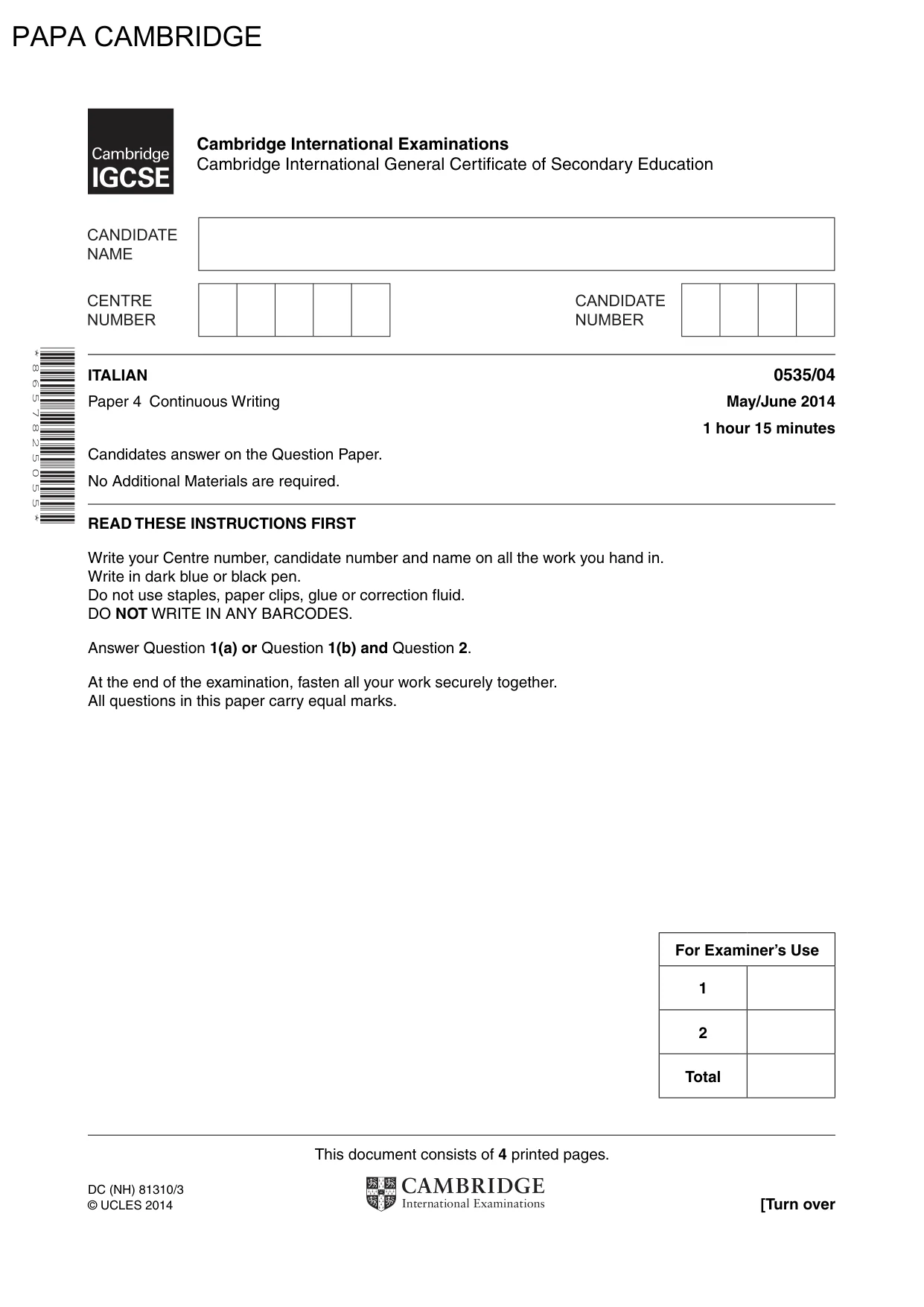 Cambridge IGCSE Italian - Foreign Language 0535 2014 May/June Paper 4 · Variant 1 question paper, page 1 of 4