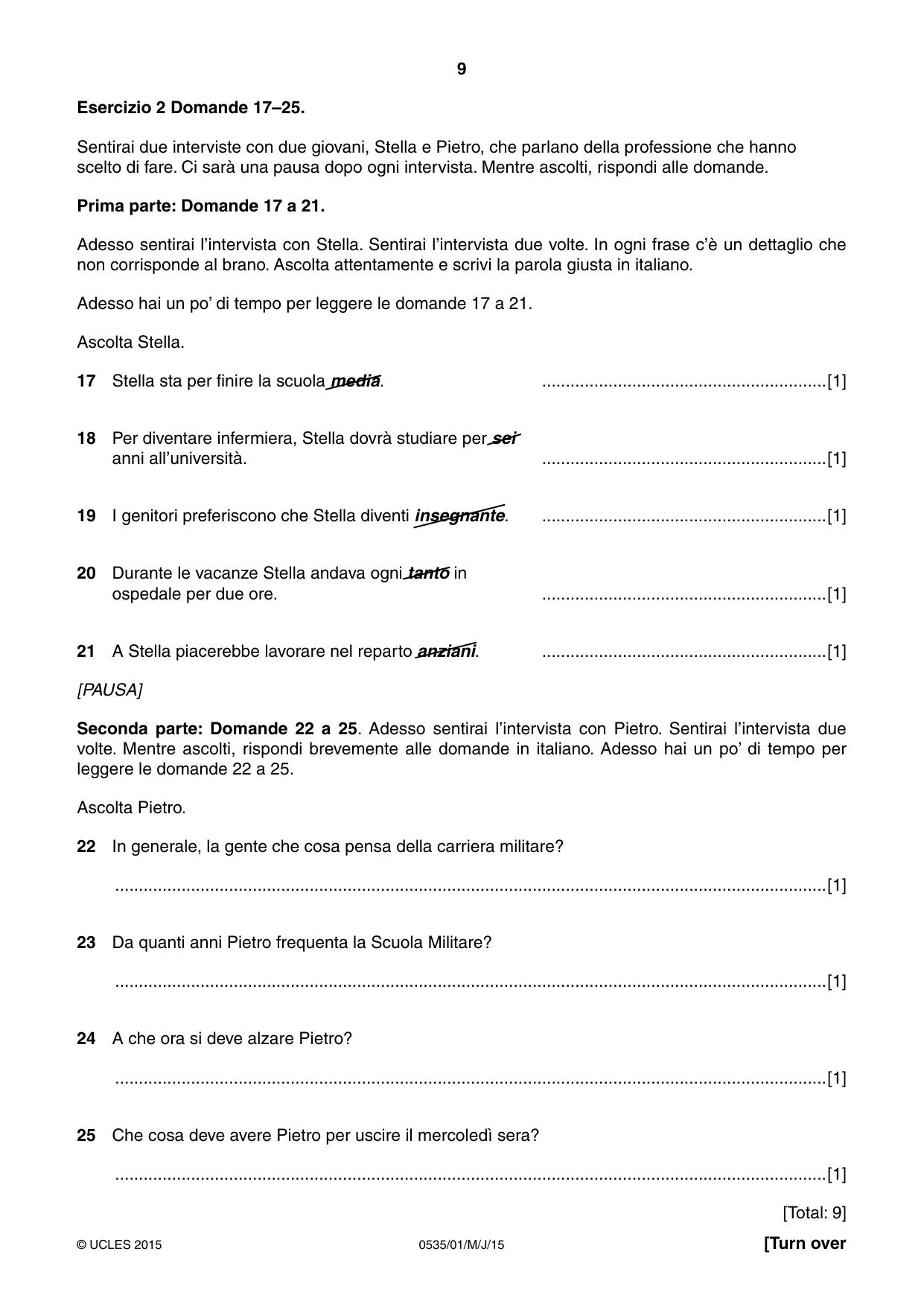 Cambridge IGCSE Italian - Foreign Language 0535 2015 May/June Paper 1 · Variant 1 question paper, page 9 of 12