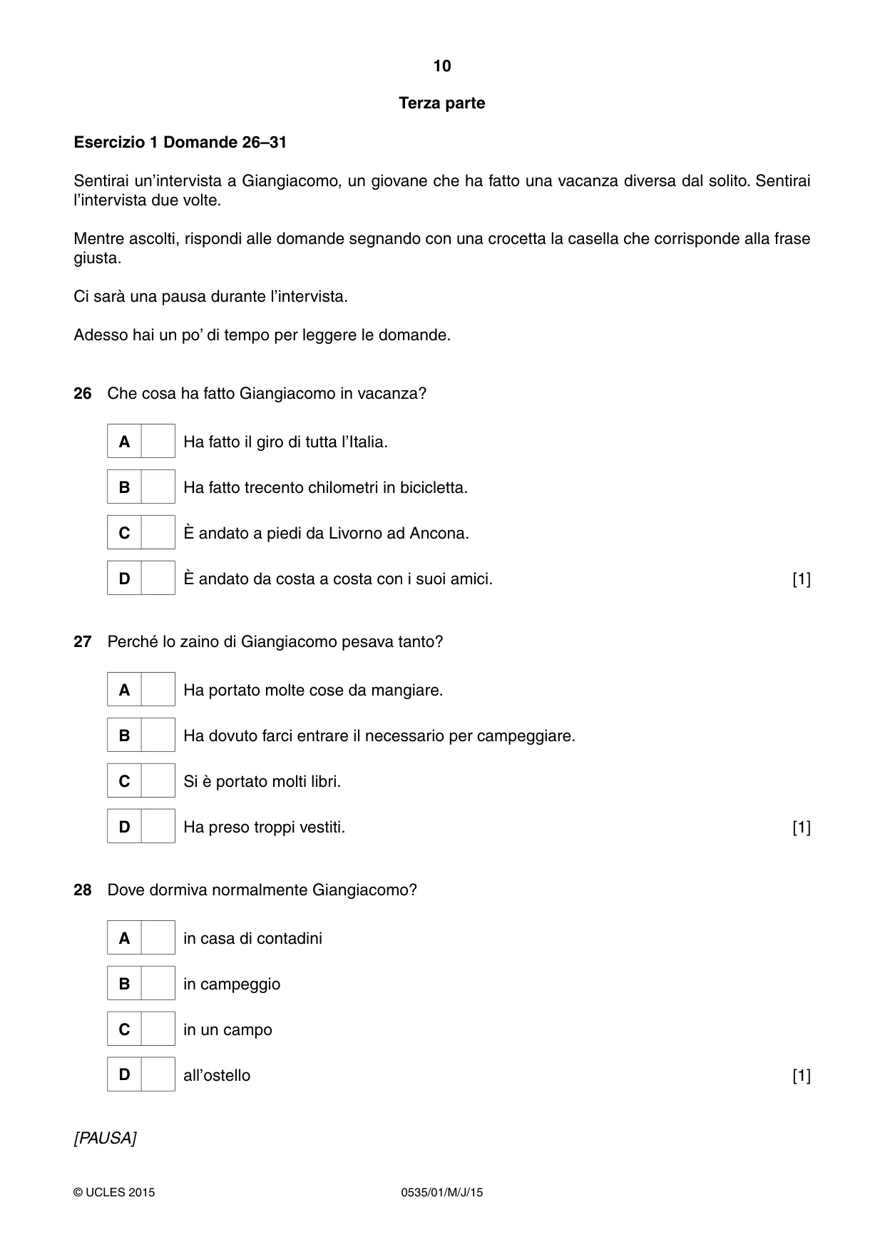 Cambridge IGCSE Italian - Foreign Language 0535 2015 May/June Paper 1 · Variant 1 question paper, page 10 of 12