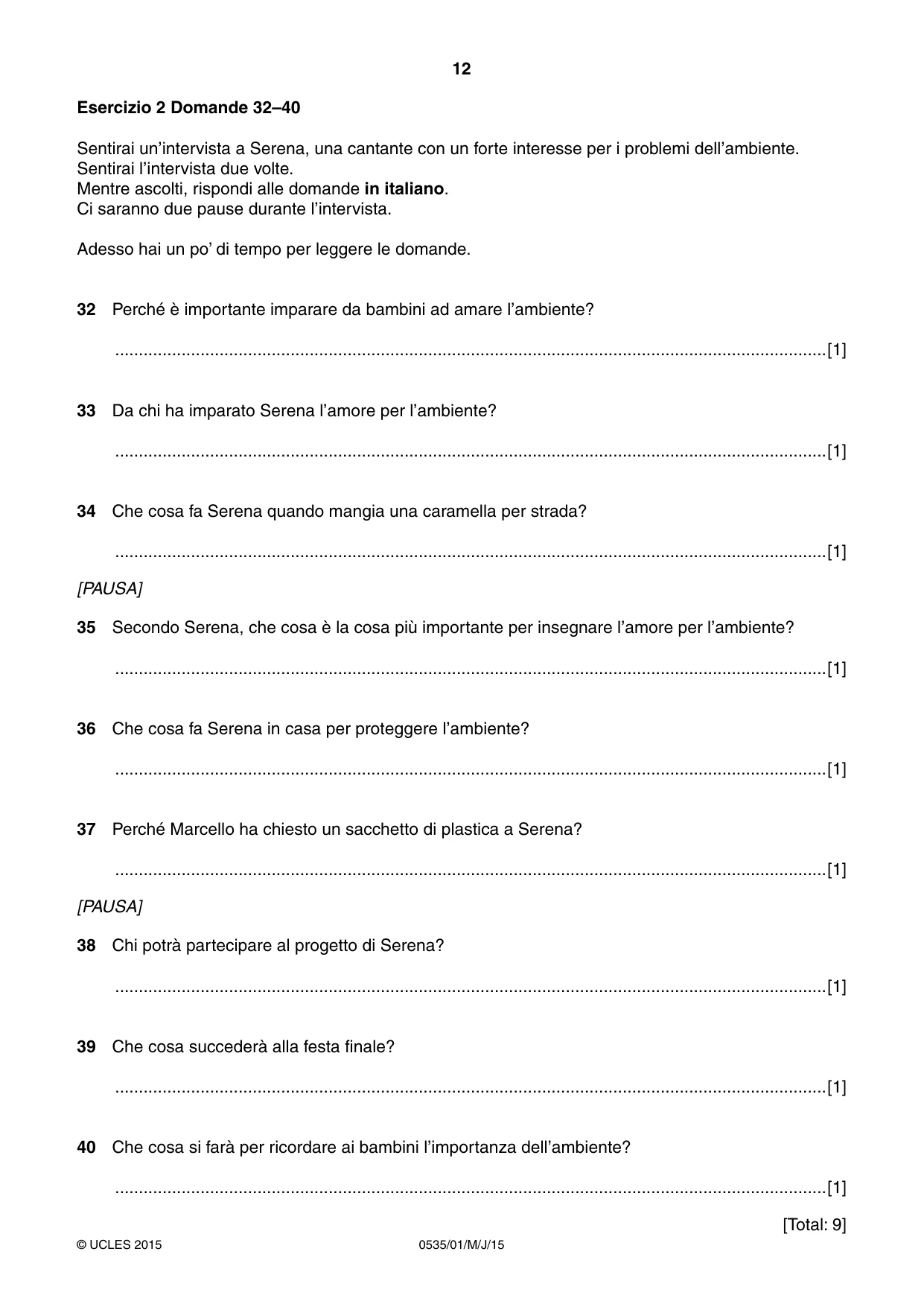 Cambridge IGCSE Italian - Foreign Language 0535 2015 May/June Paper 1 · Variant 1 question paper, page 12 of 12