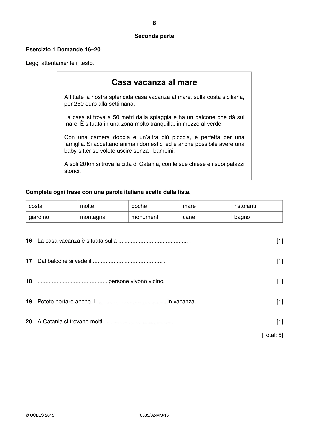 Cambridge IGCSE Italian - Foreign Language 0535 2015 May/June Paper 2 · Variant 1 question paper, page 8 of 16
