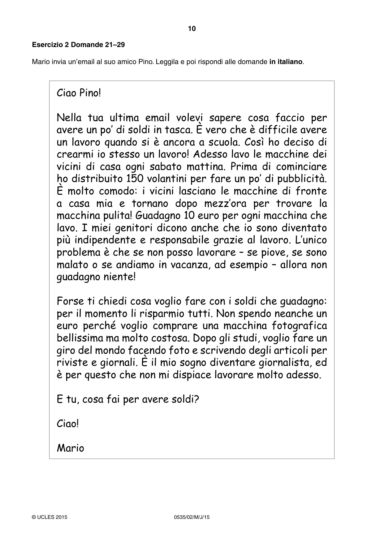 Cambridge IGCSE Italian - Foreign Language 0535 2015 May/June Paper 2 · Variant 1 question paper, page 10 of 16