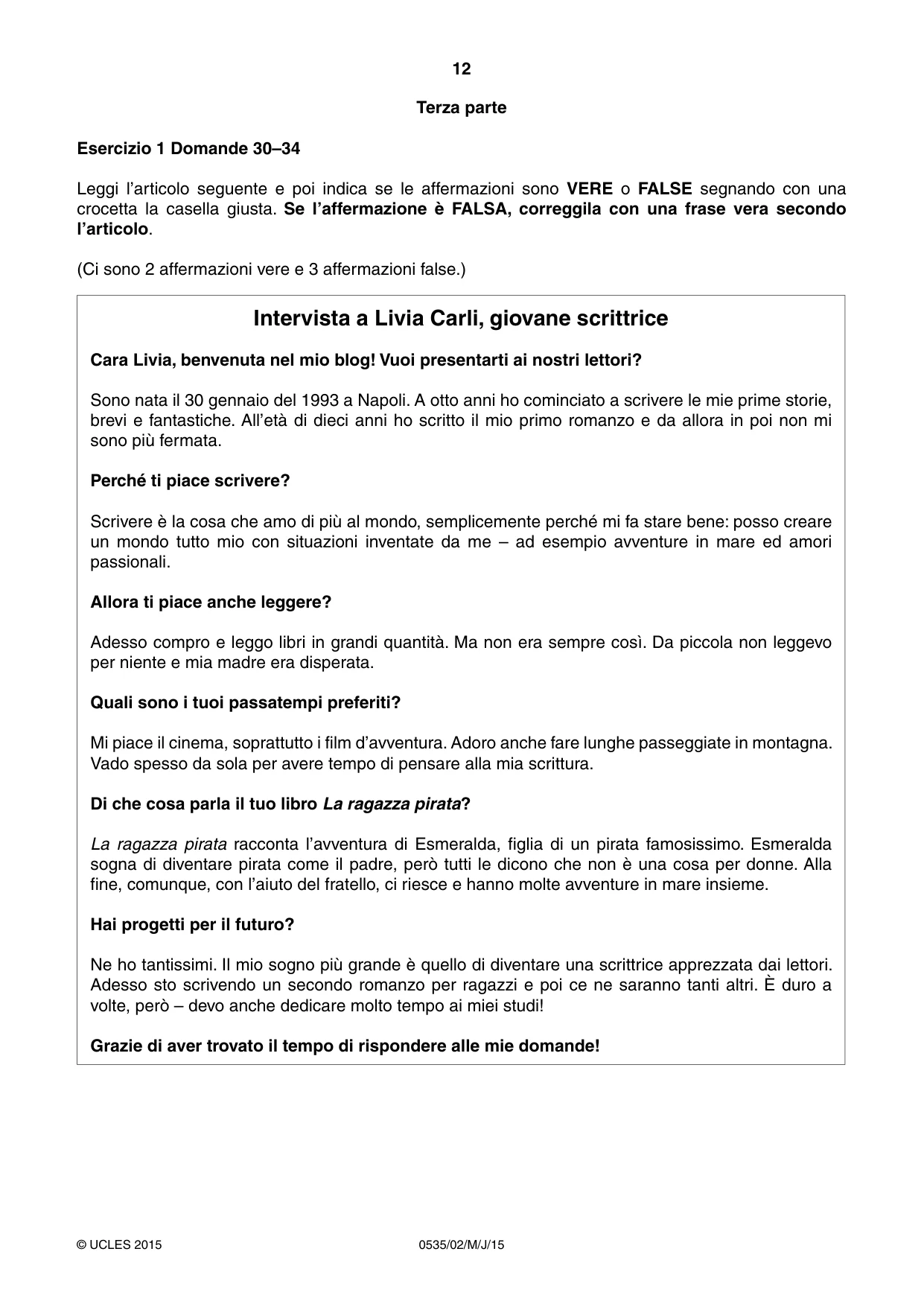 Cambridge IGCSE Italian - Foreign Language 0535 2015 May/June Paper 2 · Variant 1 question paper, page 12 of 16