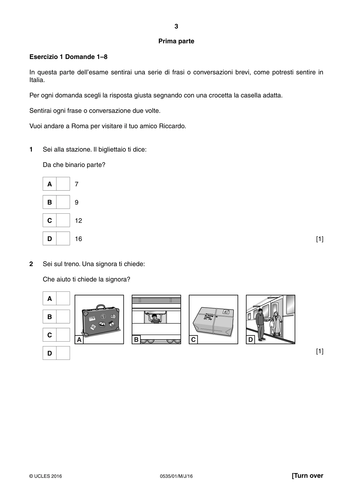 Cambridge IGCSE Italian - Foreign Language 0535 2016 May/June Paper 1 · Variant 0 question paper, page 3 of 12