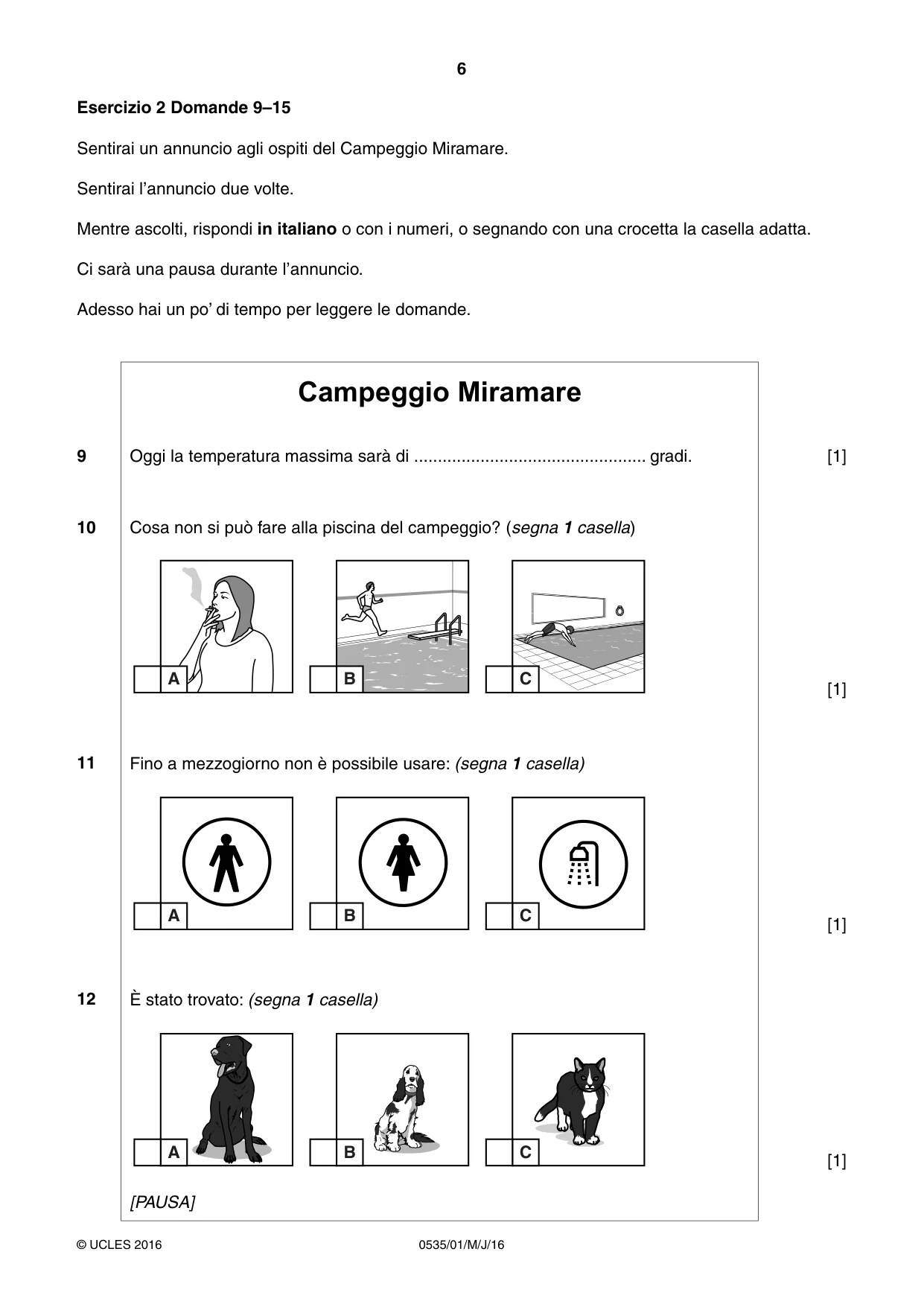 Cambridge IGCSE Italian - Foreign Language 0535 2016 May/June Paper 1 · Variant 0 question paper, page 6 of 12
