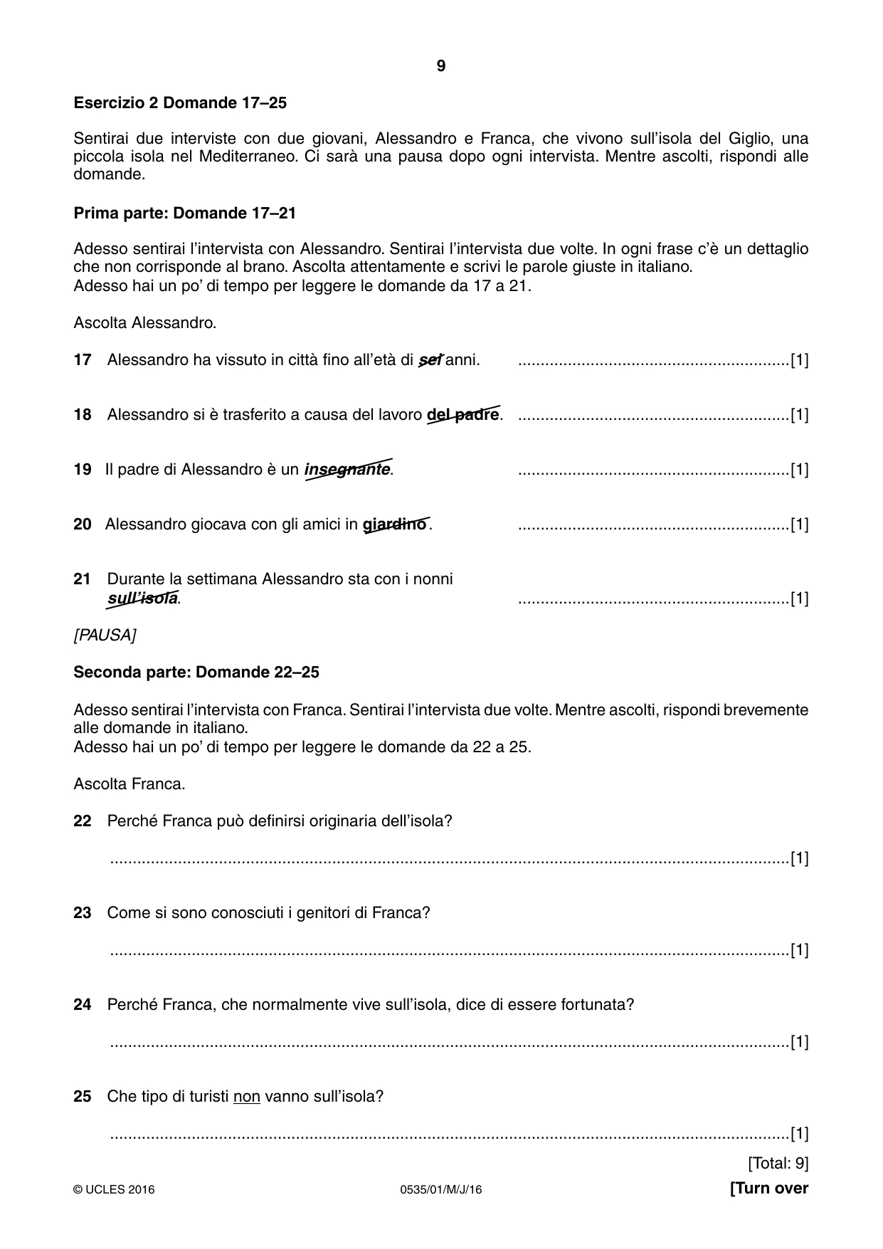 Cambridge IGCSE Italian - Foreign Language 0535 2016 May/June Paper 1 · Variant 0 question paper, page 9 of 12