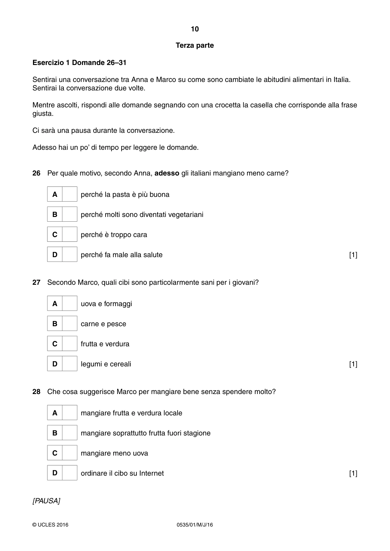 Cambridge IGCSE Italian - Foreign Language 0535 2016 May/June Paper 1 · Variant 0 question paper, page 10 of 12