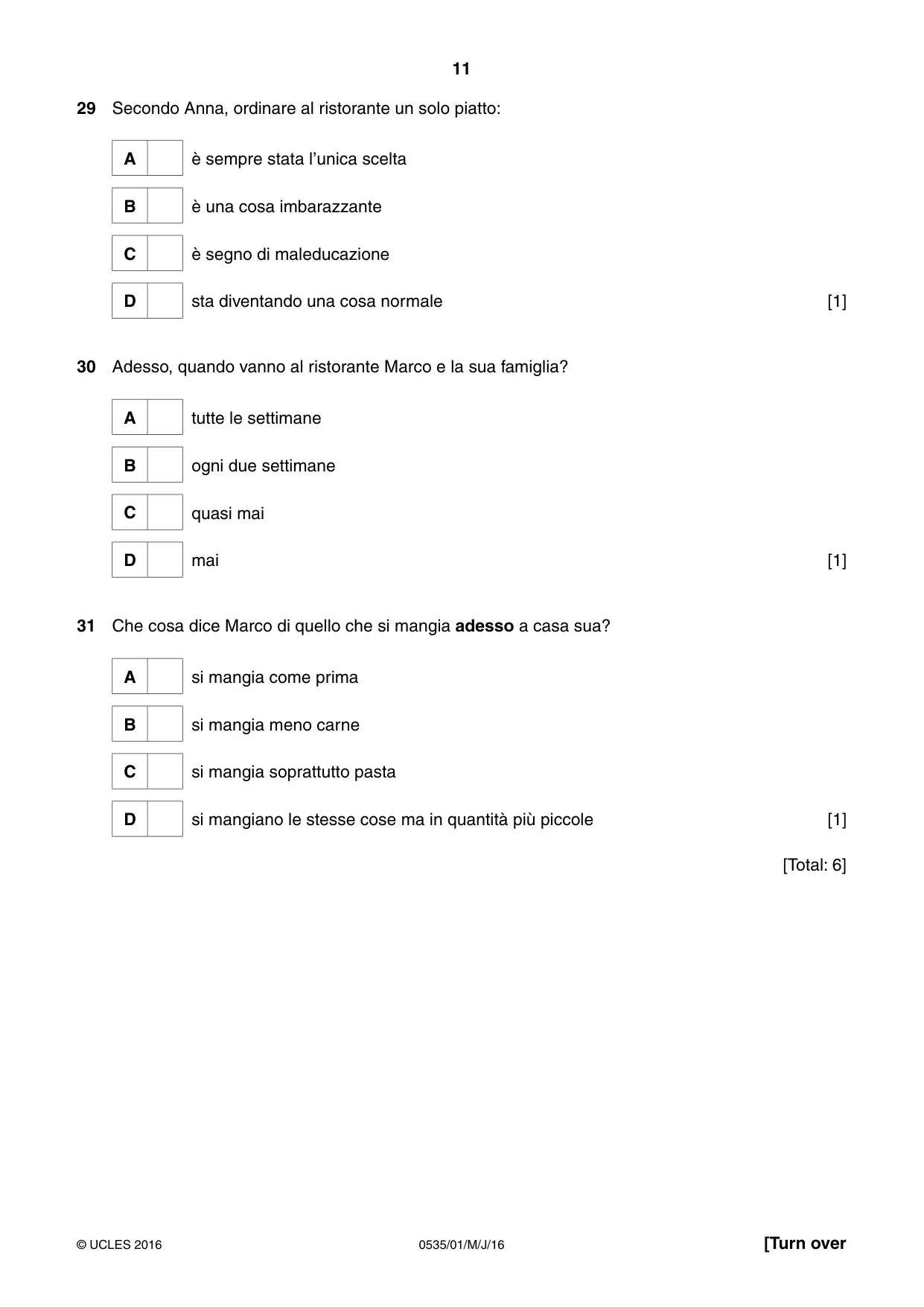 Cambridge IGCSE Italian - Foreign Language 0535 2016 May/June Paper 1 · Variant 0 question paper, page 11 of 12