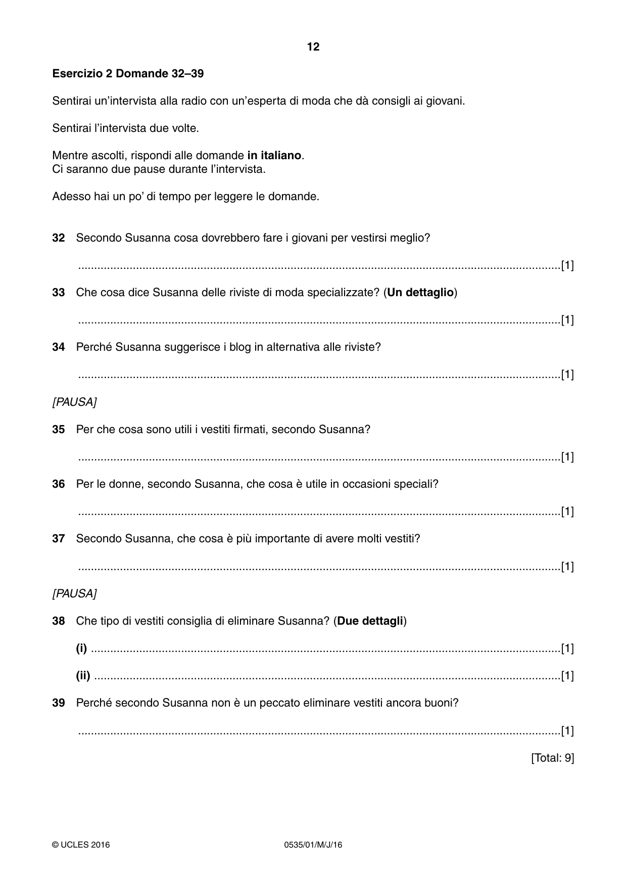 Cambridge IGCSE Italian - Foreign Language 0535 2016 May/June Paper 1 · Variant 0 question paper, page 12 of 12