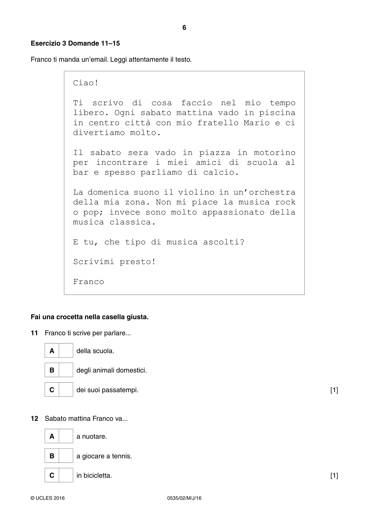 Cambridge IGCSE Italian - Foreign Language 0535 2016 May/June Paper 2 · Variant 0 question paper, page 6 of 16