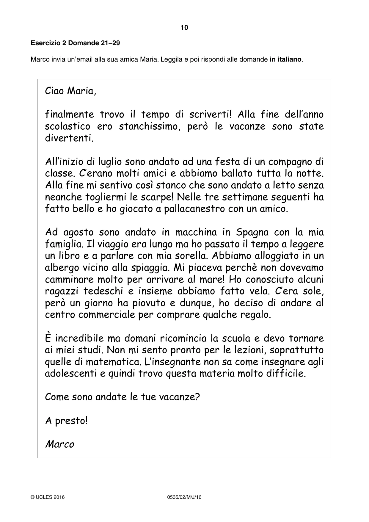Cambridge IGCSE Italian - Foreign Language 0535 2016 May/June Paper 2 · Variant 0 question paper, page 10 of 16