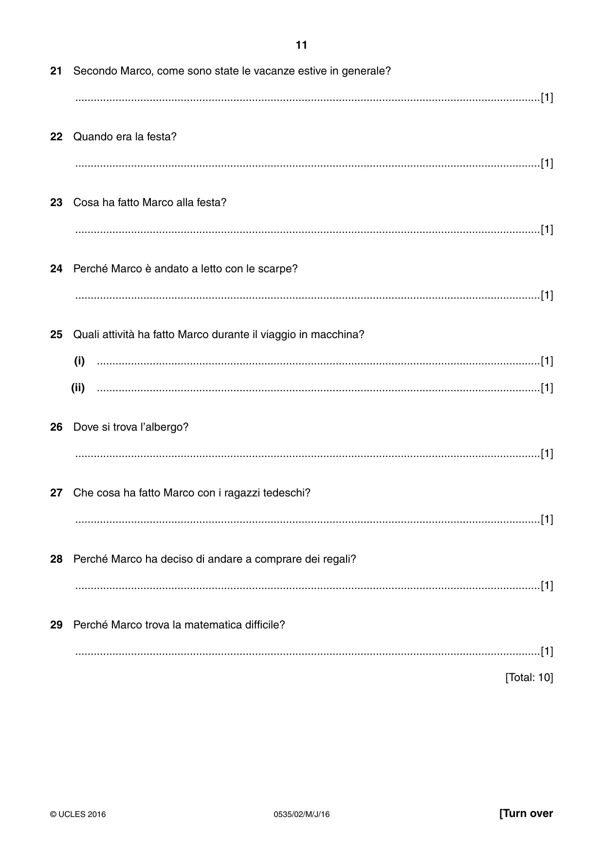Cambridge IGCSE Italian - Foreign Language 0535 2016 May/June Paper 2 · Variant 0 question paper, page 11 of 16
