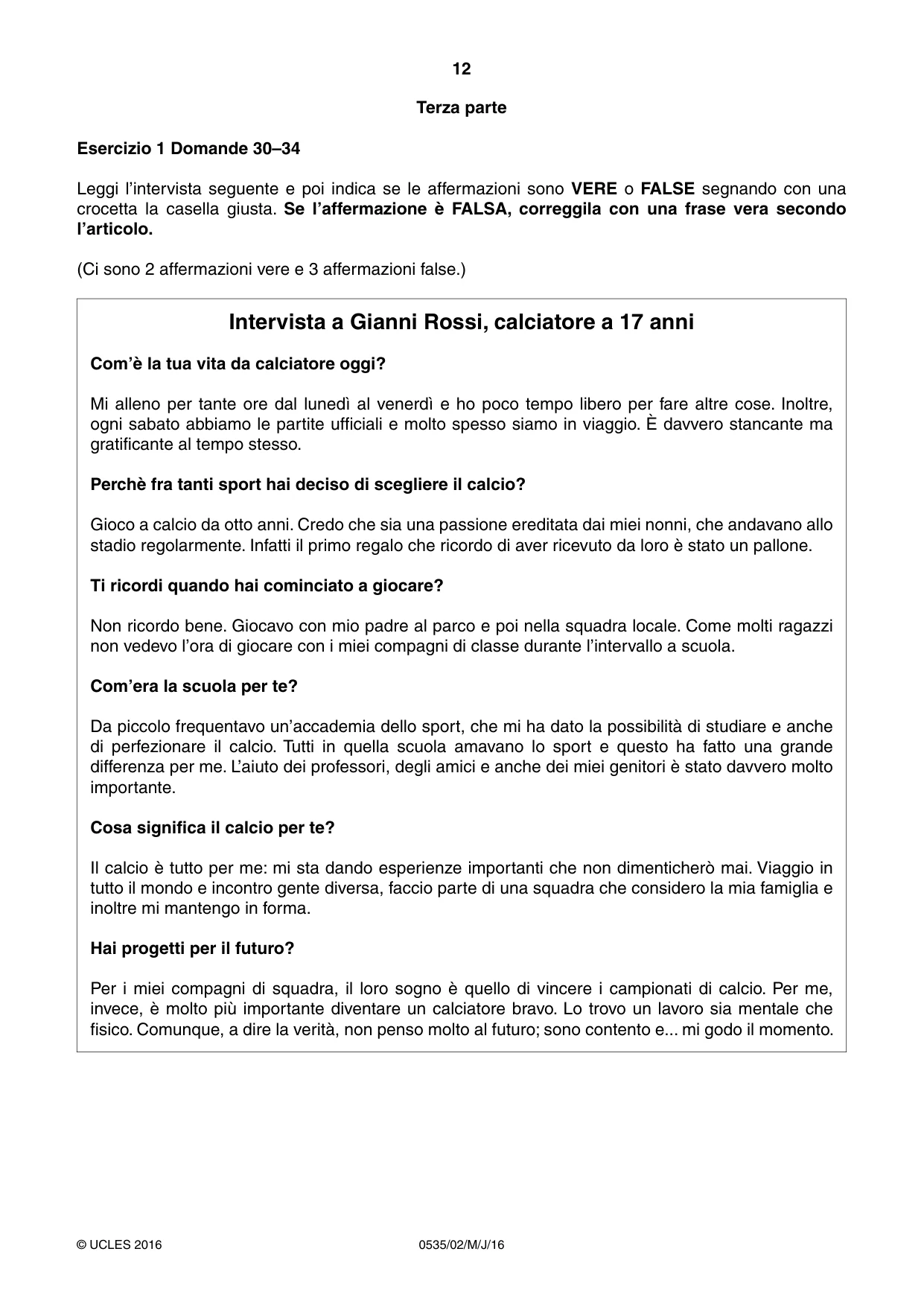Cambridge IGCSE Italian - Foreign Language 0535 2016 May/June Paper 2 · Variant 0 question paper, page 12 of 16