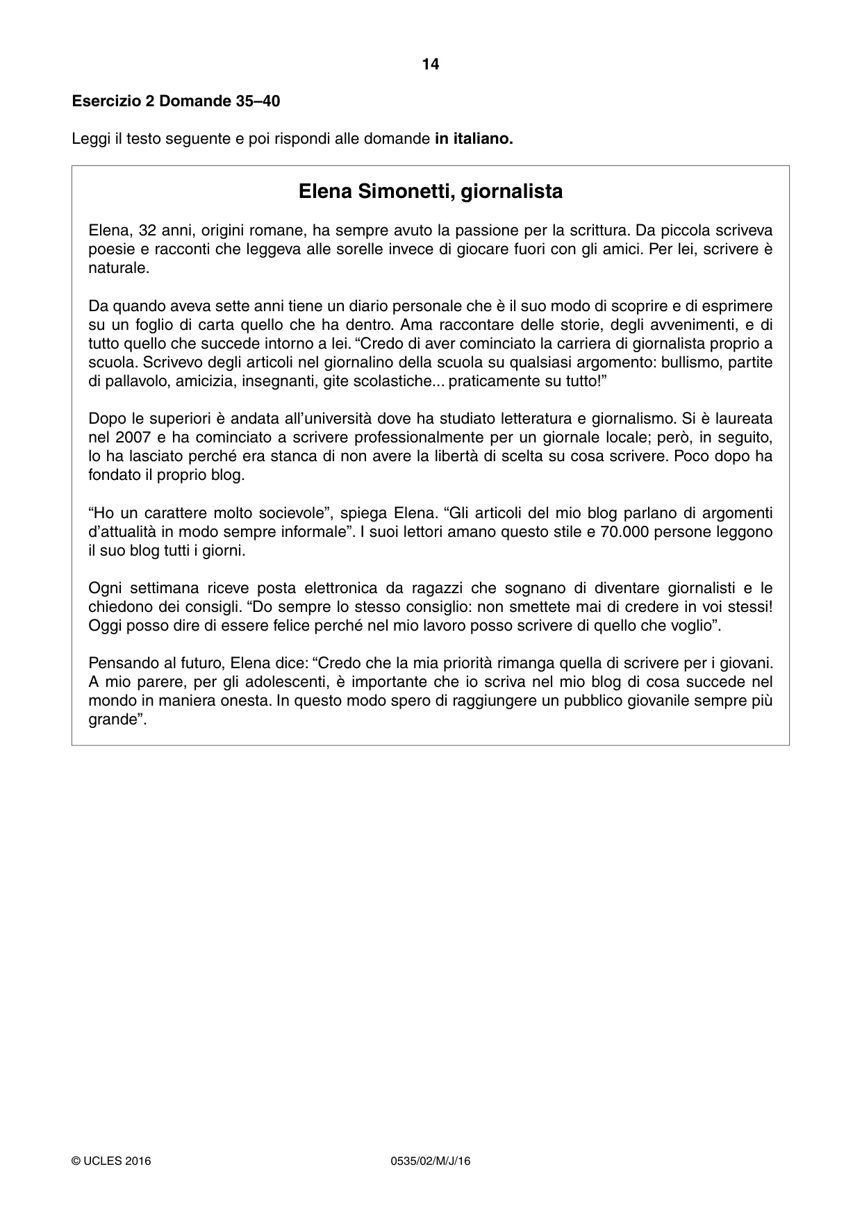 Cambridge IGCSE Italian - Foreign Language 0535 2016 May/June Paper 2 · Variant 0 question paper, page 14 of 16