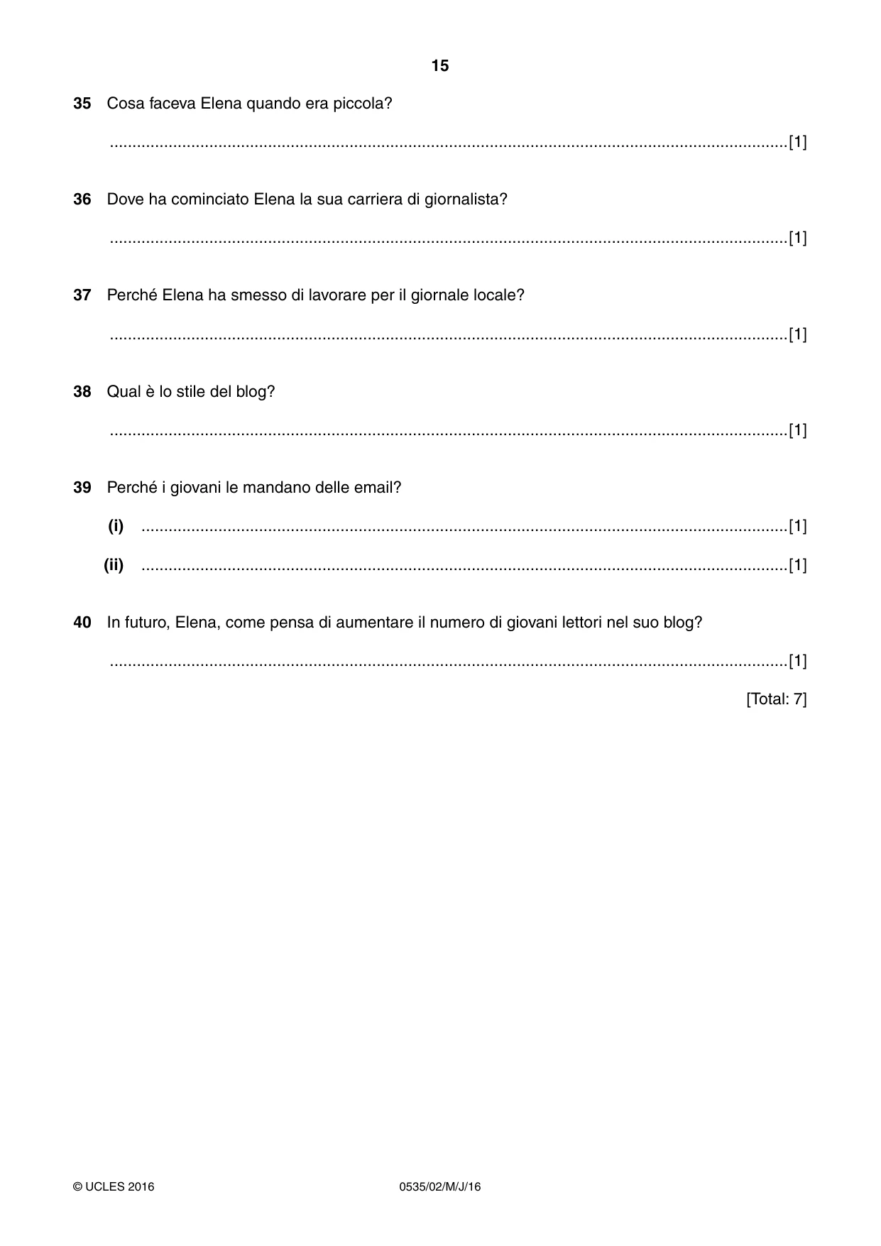 Cambridge IGCSE Italian - Foreign Language 0535 2016 May/June Paper 2 · Variant 0 question paper, page 15 of 16