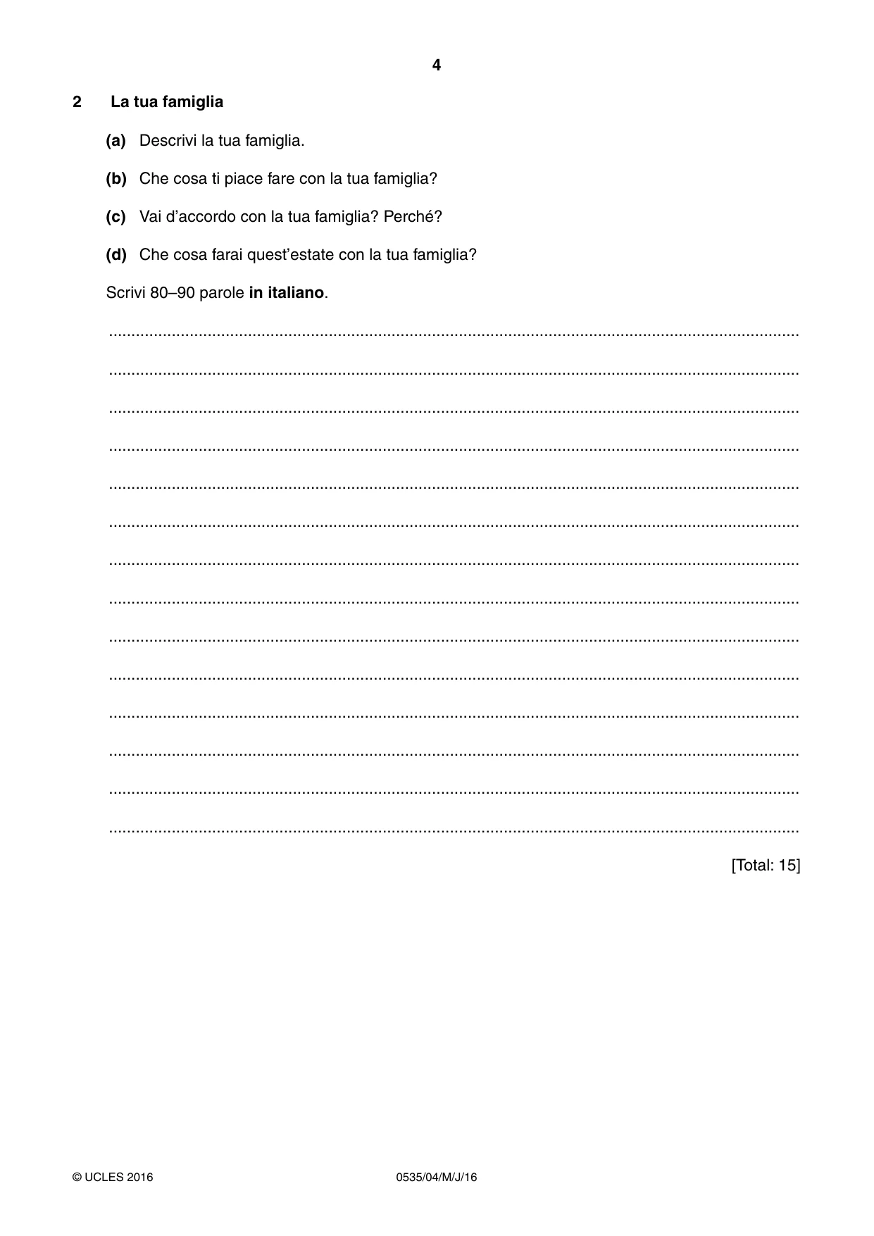 Cambridge IGCSE Italian - Foreign Language 0535 2016 May/June Paper 4 · Variant 0 question paper, page 4 of 8
