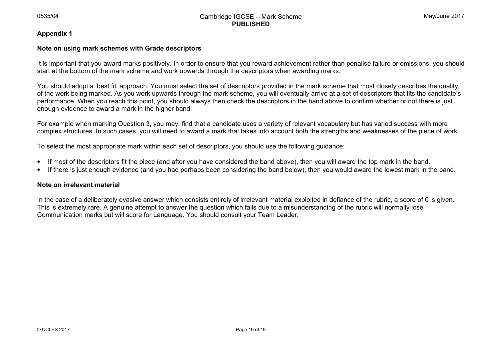 Mark scheme, page 19 of 19