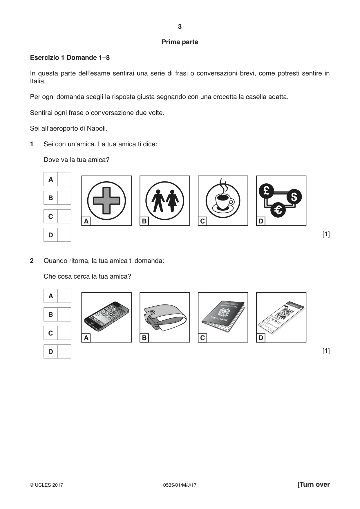 Cambridge IGCSE Italian - Foreign Language 0535 2017 May/June Paper 1 · Variant 1 question paper, page 3 of 16