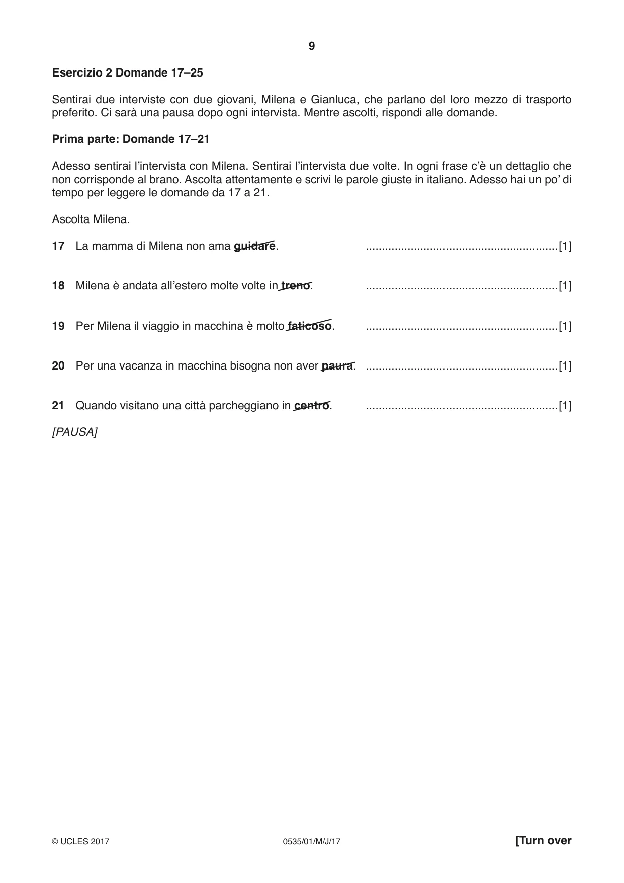 Cambridge IGCSE Italian - Foreign Language 0535 2017 May/June Paper 1 · Variant 1 question paper, page 9 of 16