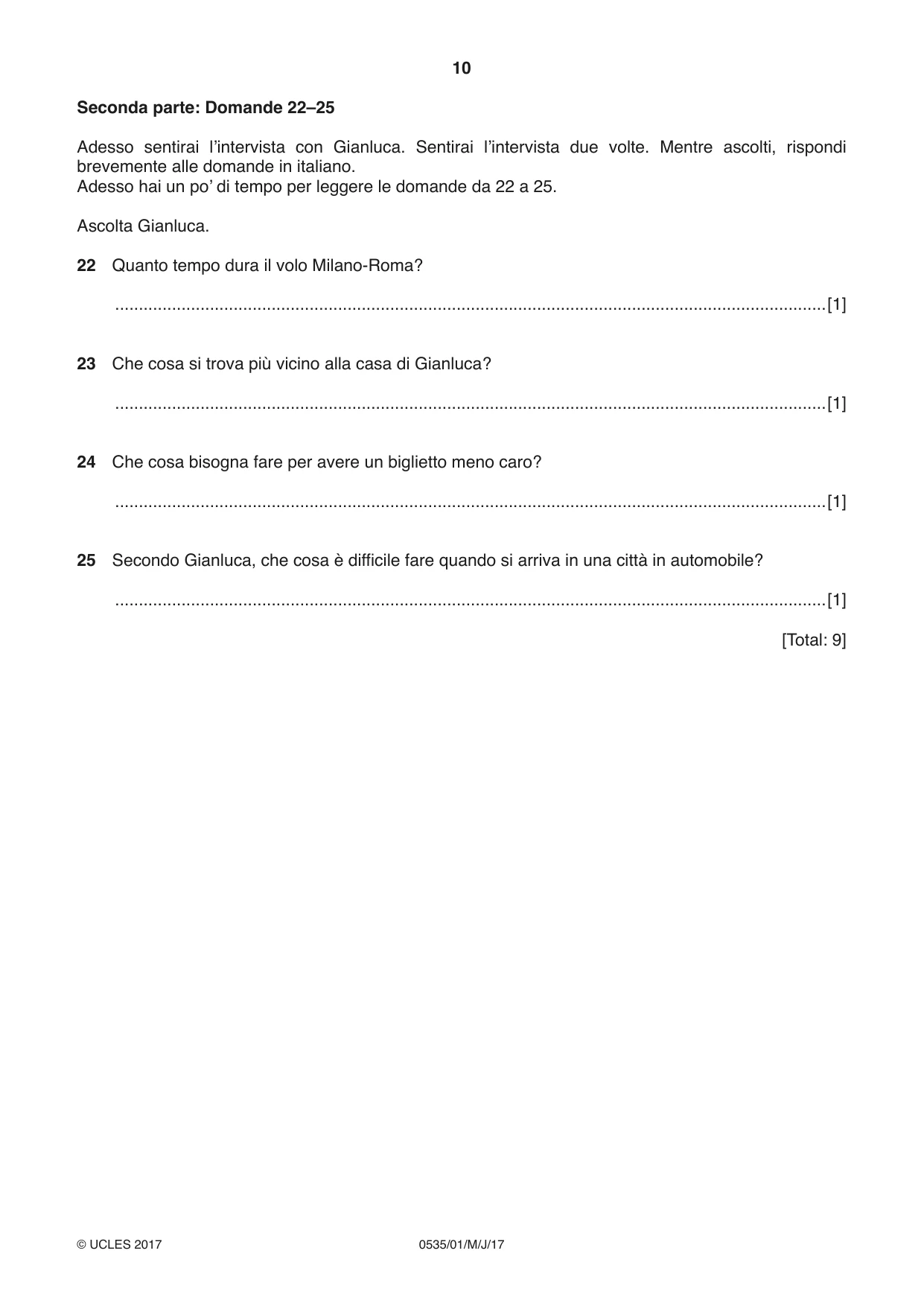 Cambridge IGCSE Italian - Foreign Language 0535 2017 May/June Paper 1 · Variant 1 question paper, page 10 of 16