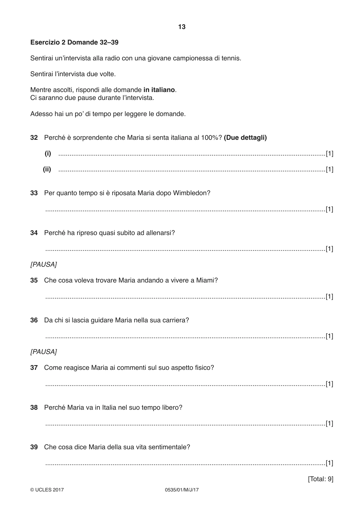 Cambridge IGCSE Italian - Foreign Language 0535 2017 May/June Paper 1 · Variant 1 question paper, page 13 of 16