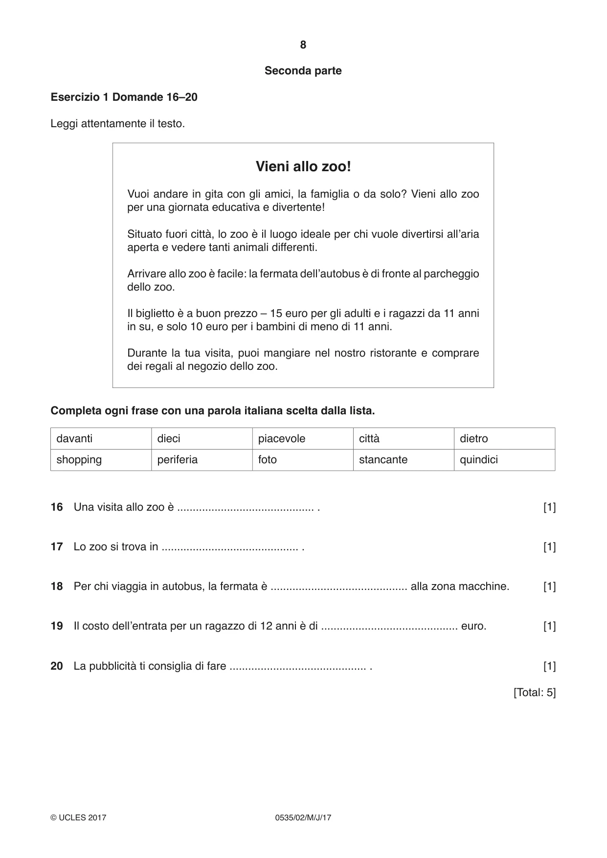 Cambridge IGCSE Italian - Foreign Language 0535 2017 May/June Paper 2 · Variant 1 question paper, page 8 of 16