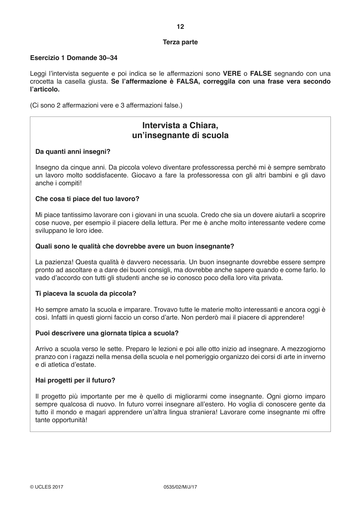 Cambridge IGCSE Italian - Foreign Language 0535 2017 May/June Paper 2 · Variant 1 question paper, page 12 of 16