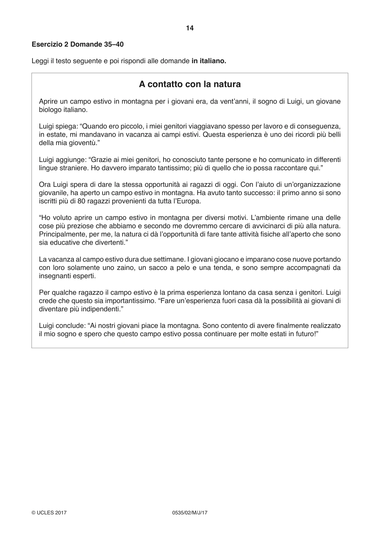 Cambridge IGCSE Italian - Foreign Language 0535 2017 May/June Paper 2 · Variant 1 question paper, page 14 of 16