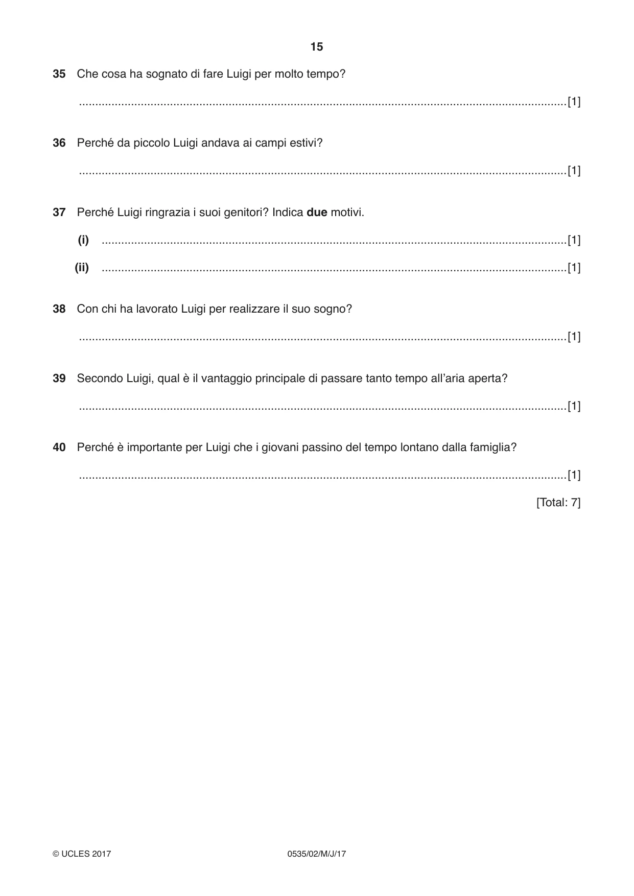 Cambridge IGCSE Italian - Foreign Language 0535 2017 May/June Paper 2 · Variant 1 question paper, page 15 of 16
