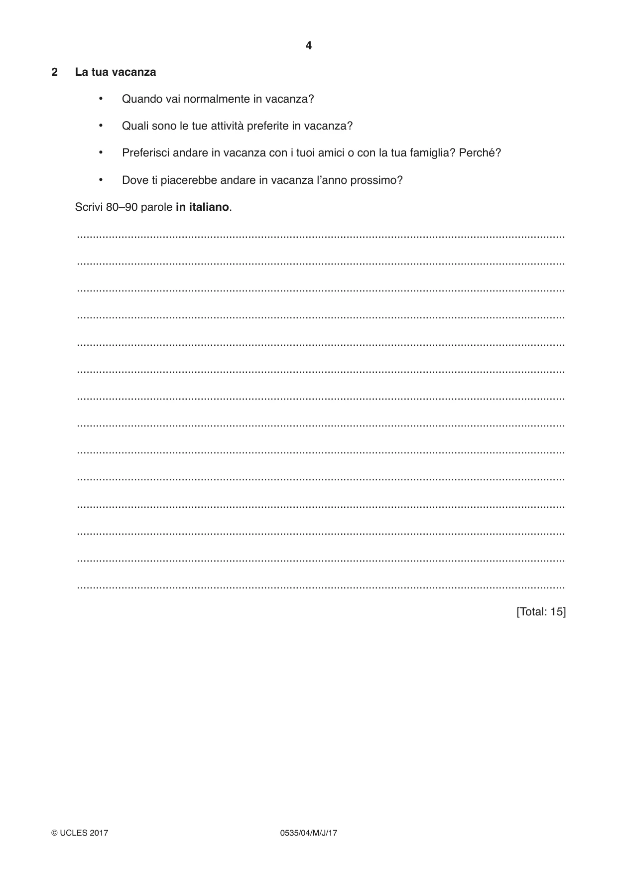 Cambridge IGCSE Italian - Foreign Language 0535 2017 May/June Paper 4 · Variant 1 question paper, page 4 of 8
