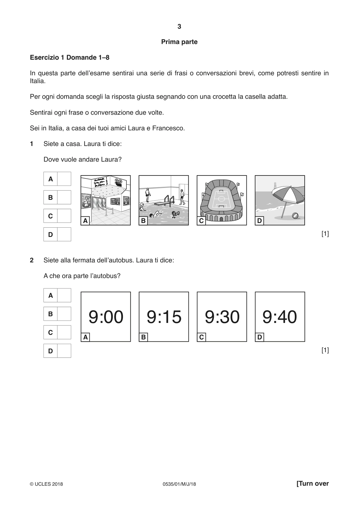 Cambridge IGCSE Italian - Foreign Language 0535 2018 May/June Paper 1 · Variant 0 question paper, page 3 of 16