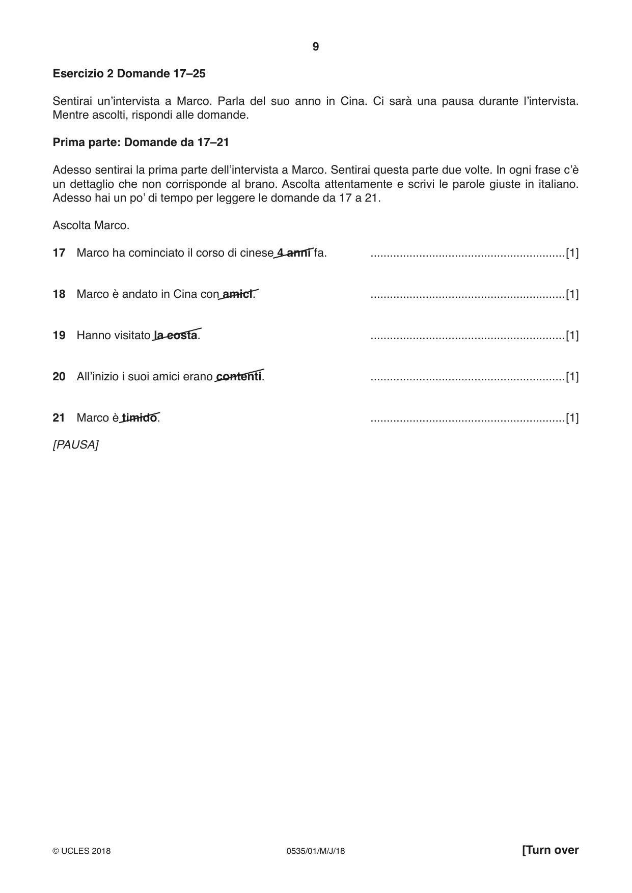 Cambridge IGCSE Italian - Foreign Language 0535 2018 May/June Paper 1 · Variant 0 question paper, page 9 of 16