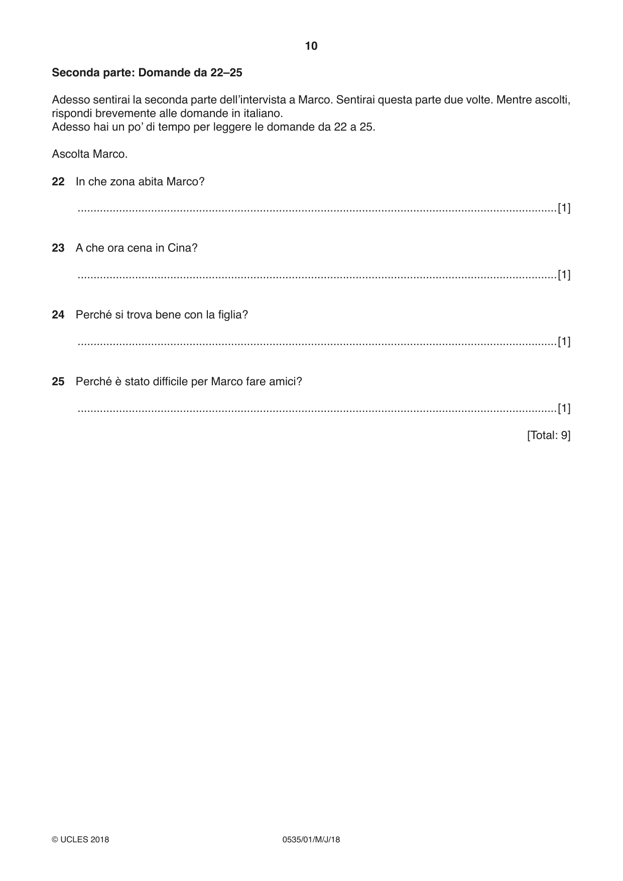 Cambridge IGCSE Italian - Foreign Language 0535 2018 May/June Paper 1 · Variant 0 question paper, page 10 of 16