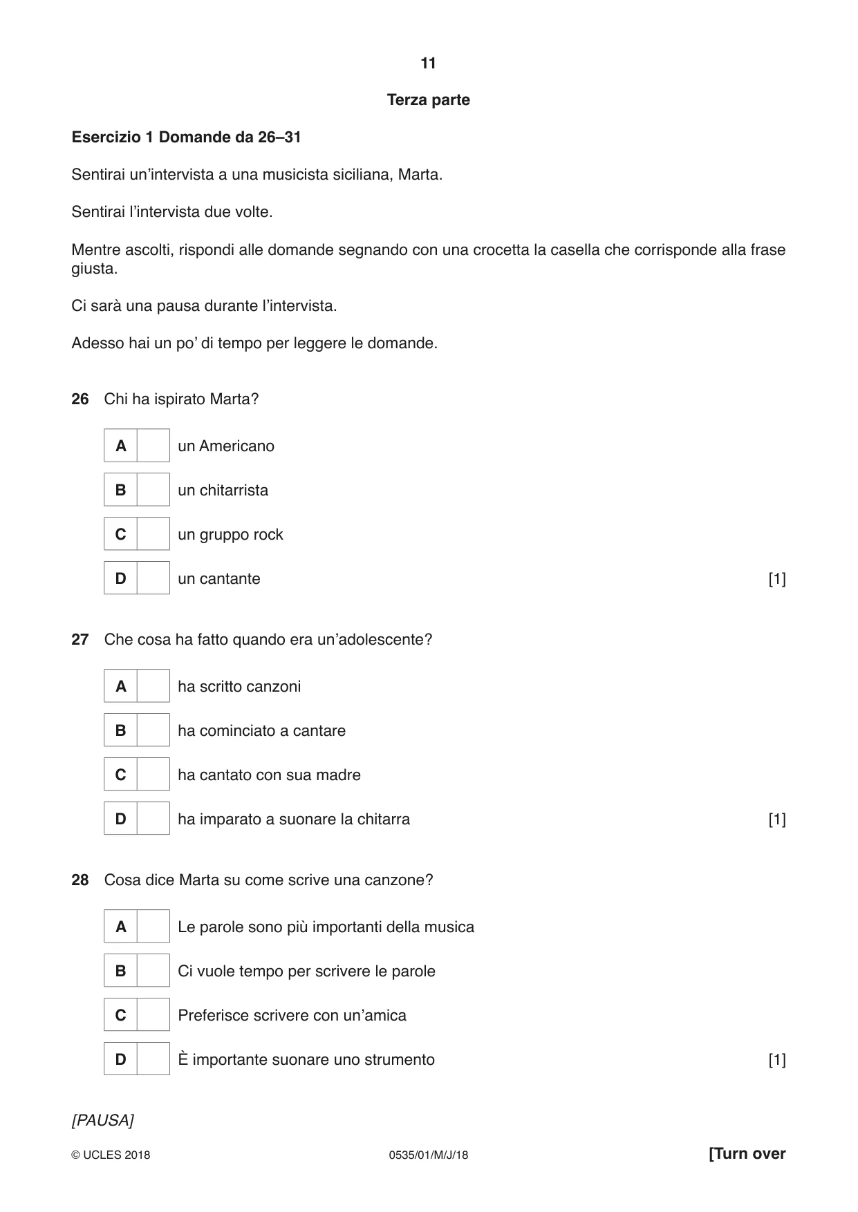 Cambridge IGCSE Italian - Foreign Language 0535 2018 May/June Paper 1 · Variant 0 question paper, page 11 of 16