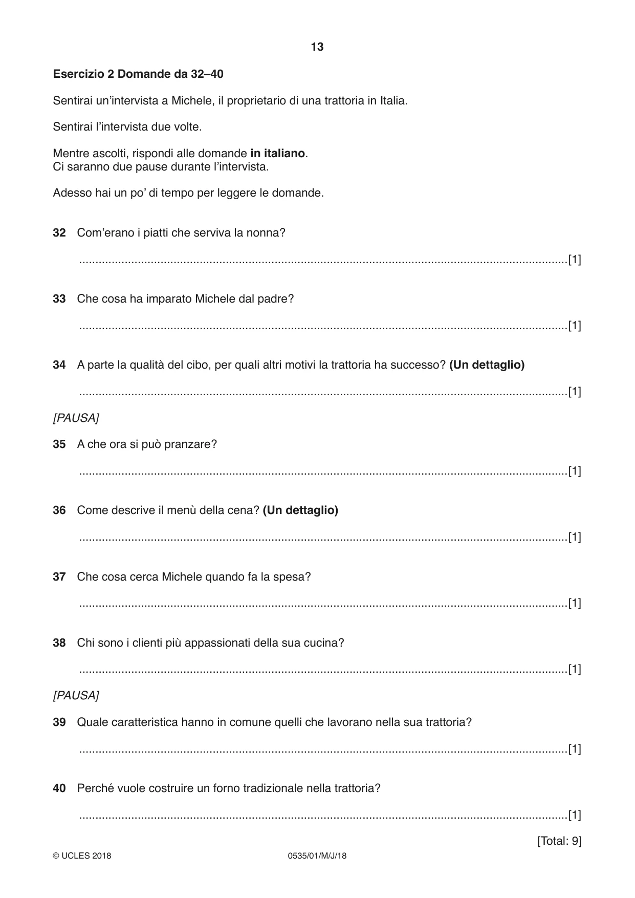 Cambridge IGCSE Italian - Foreign Language 0535 2018 May/June Paper 1 · Variant 0 question paper, page 13 of 16